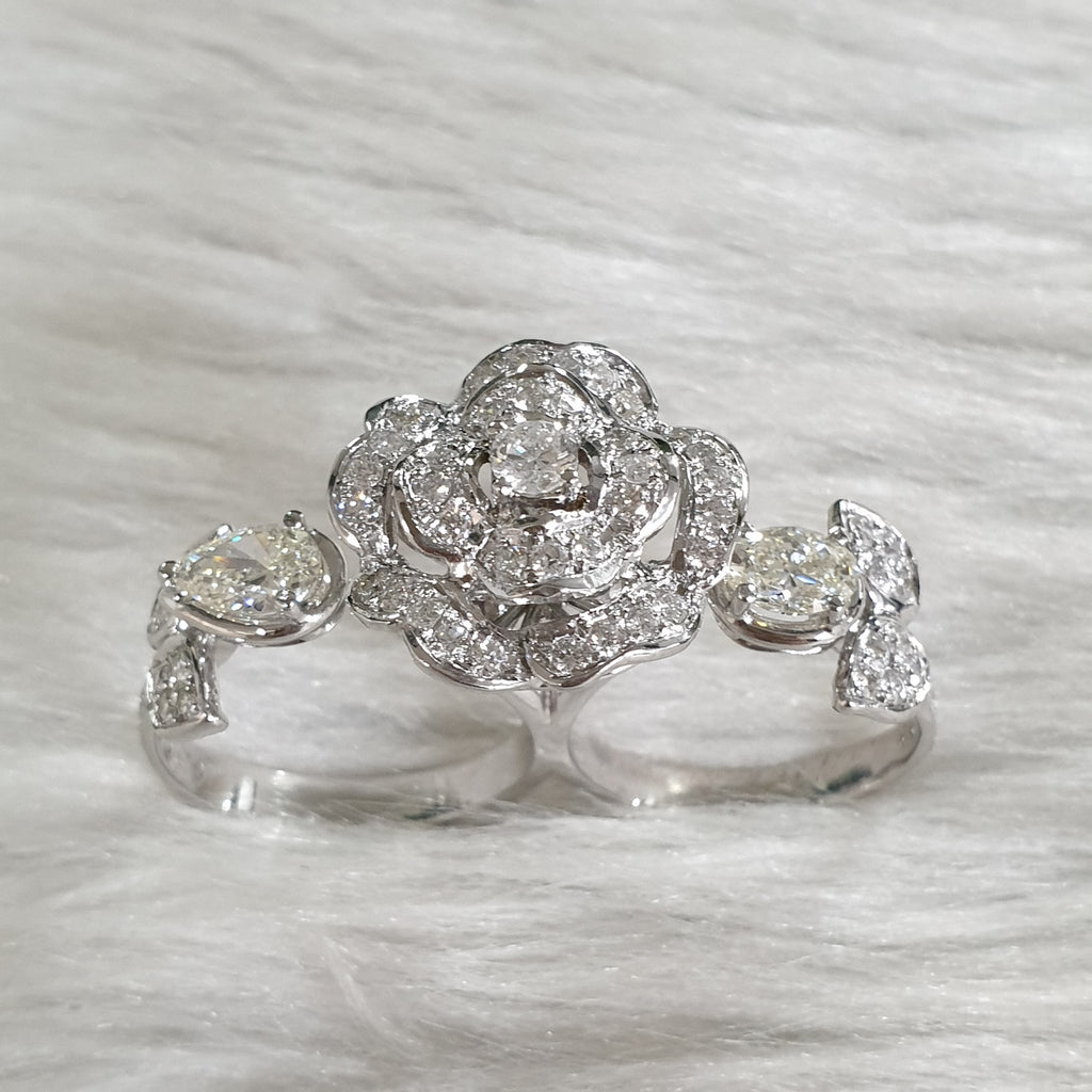 Diamond Signature Rose Two Finger Ring - White Gold