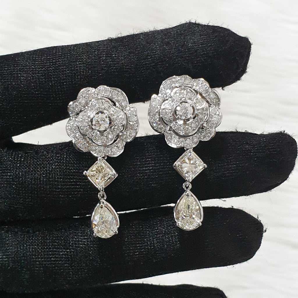 Diamond Flower Drop Earring - 14K White Gold