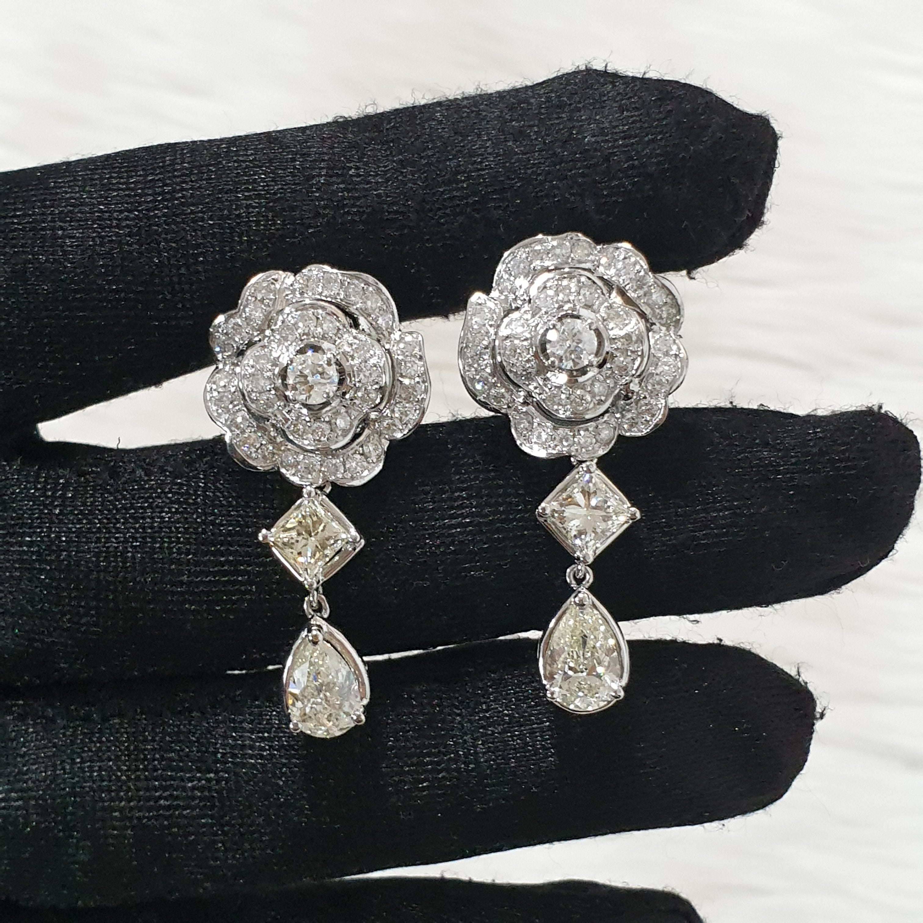 Diamond Flower Drop Earring - 14K White Gold
