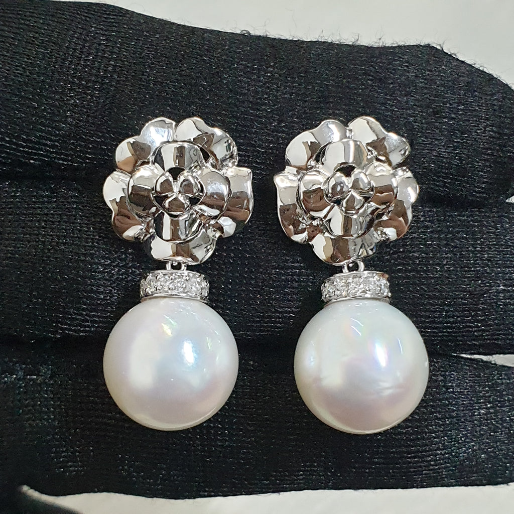 White South Sea Pearl Floral Drop Earrings - 14K White Gold (SOLD - INQUIRE FOR MADE TO ORDER)