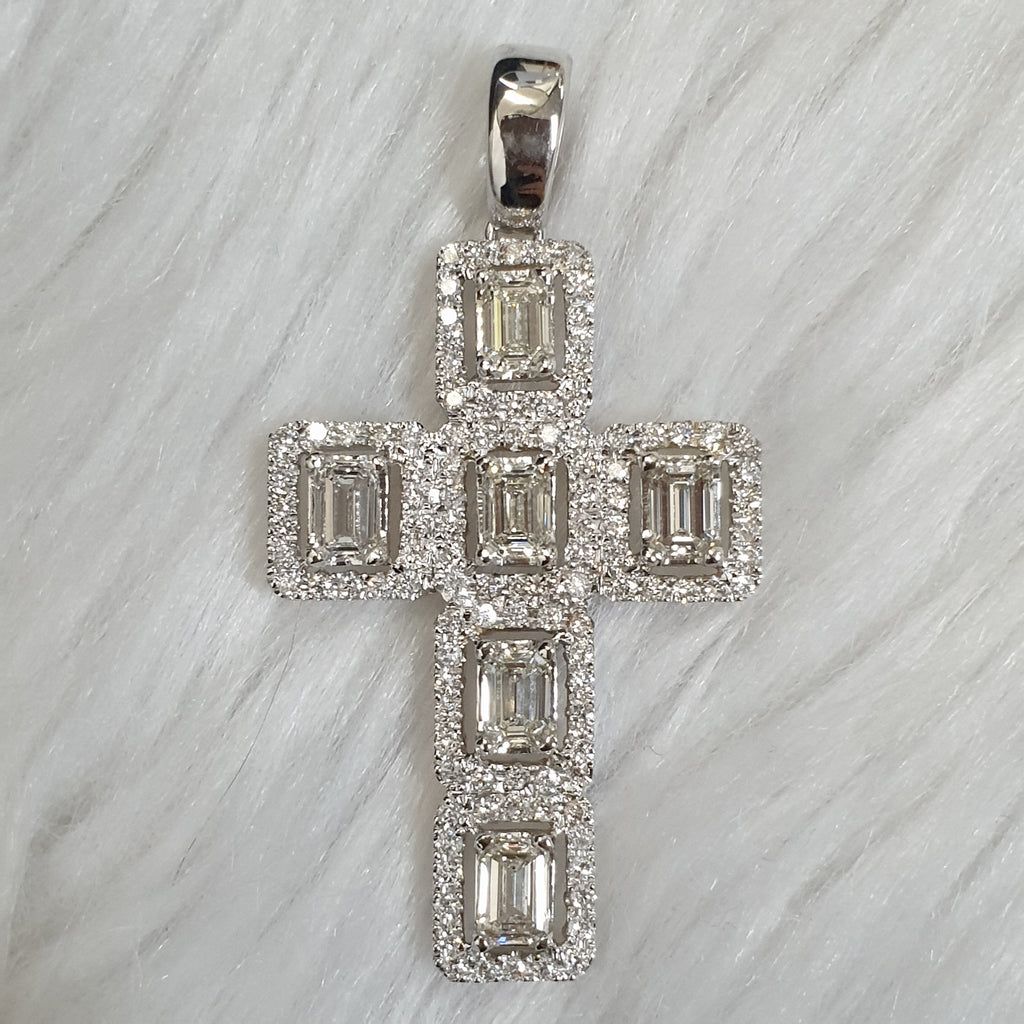 Emerald-Cut Diamond Cross Pendant - 14K White Gold