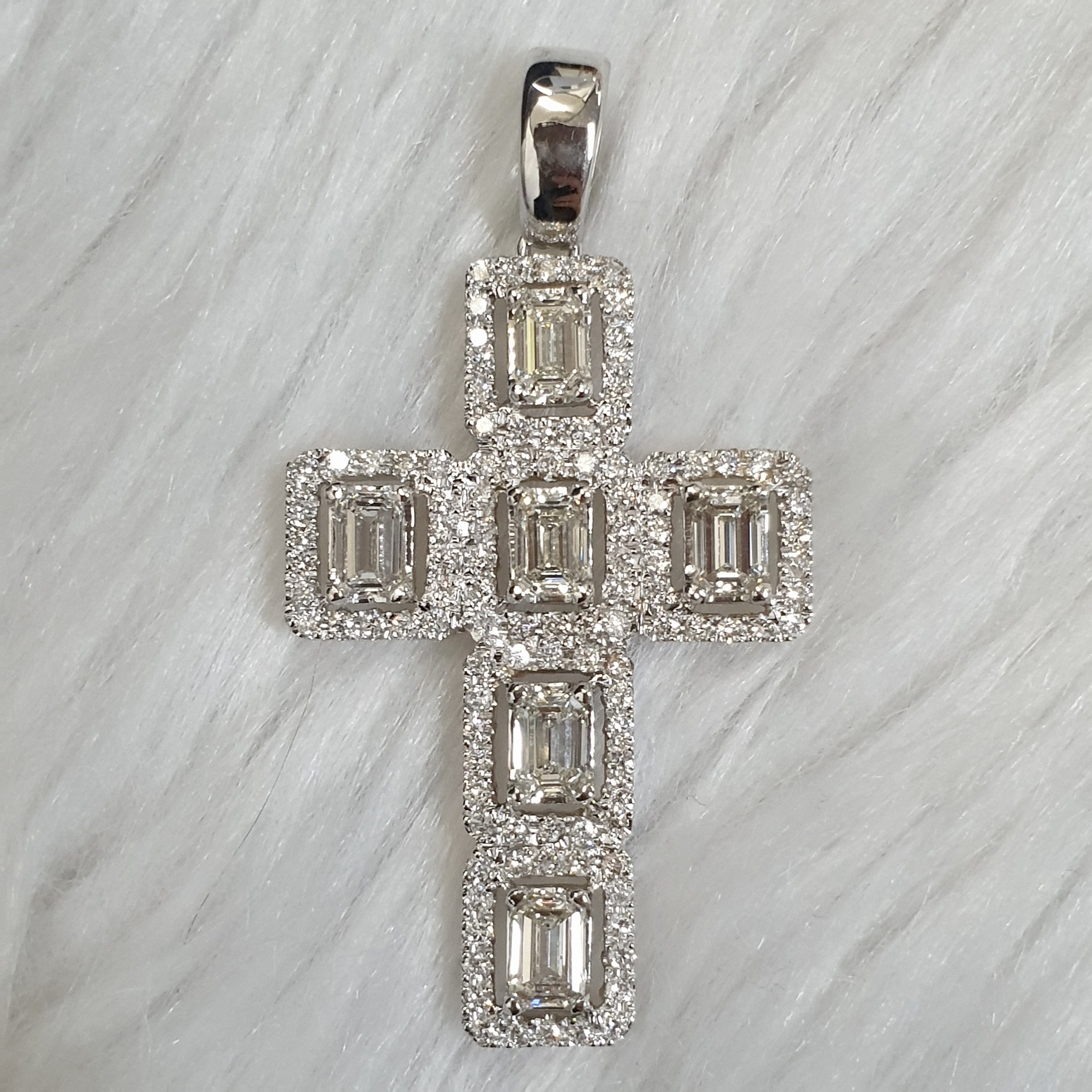 Emerald-Cut Diamond Cross Pendant - 14K White Gold