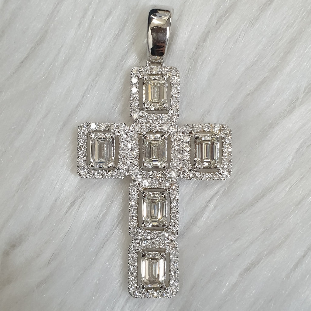 Emerald-Cut Diamond Cross Pendant - 14K White Gold
