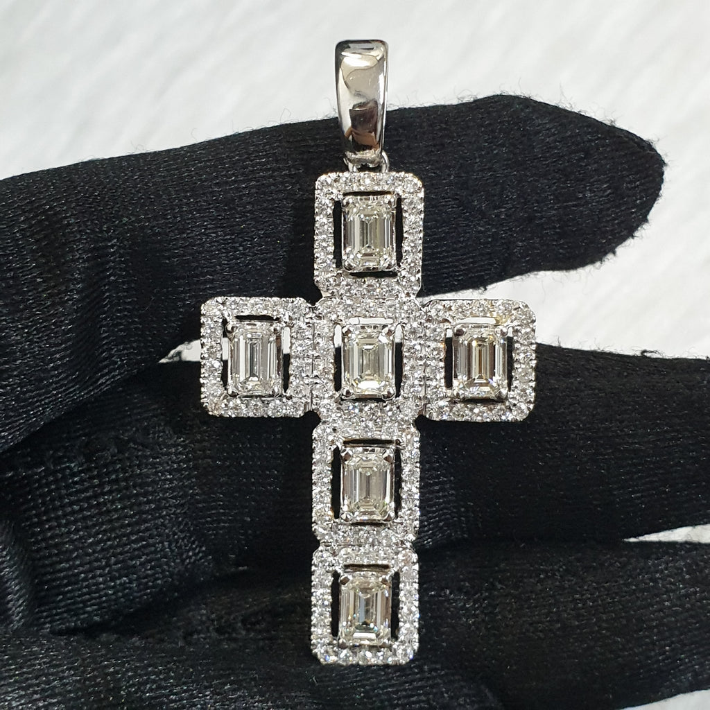 Emerald-Cut Diamond Cross Pendant - 14K White Gold