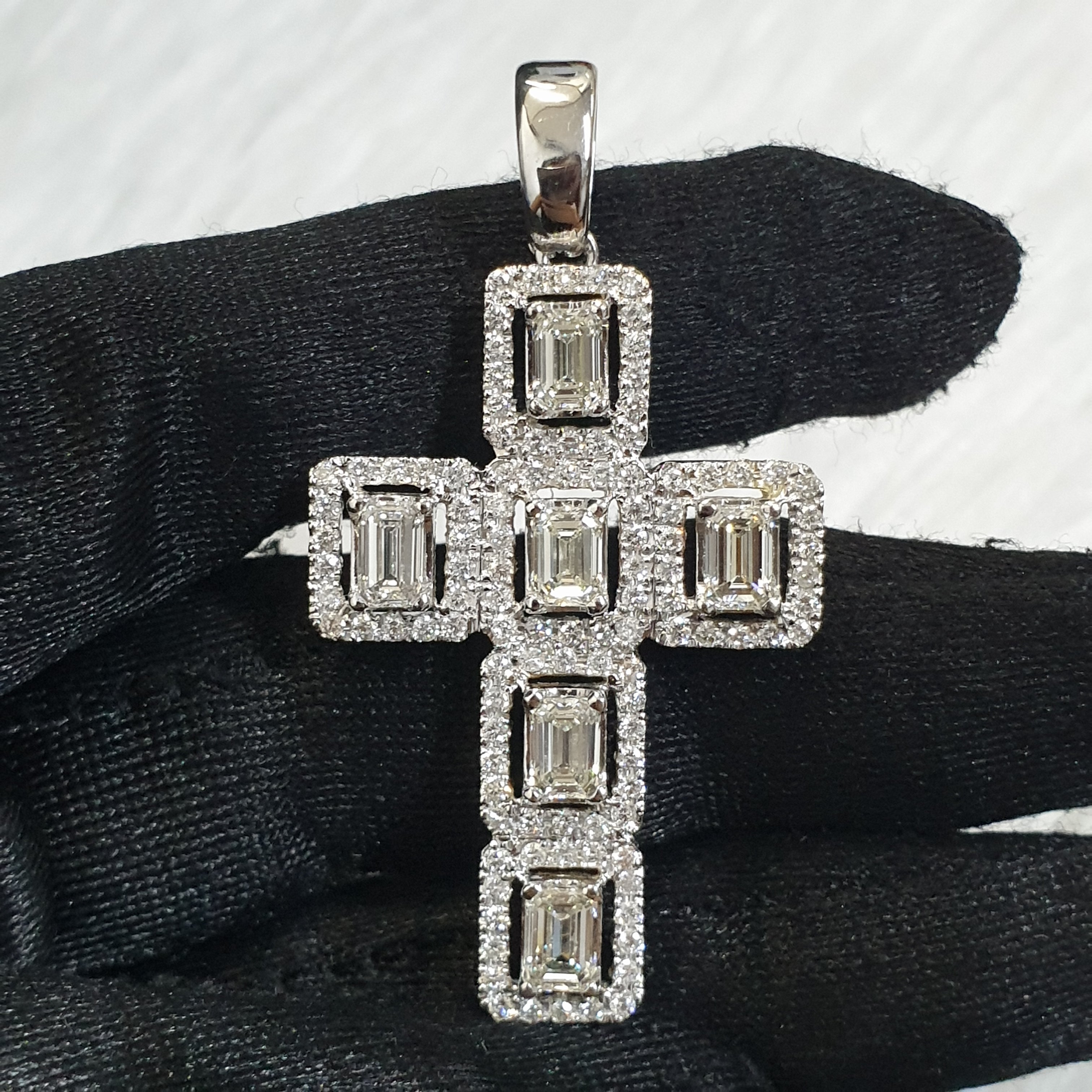 Emerald-Cut Diamond Cross Pendant - 14K White Gold