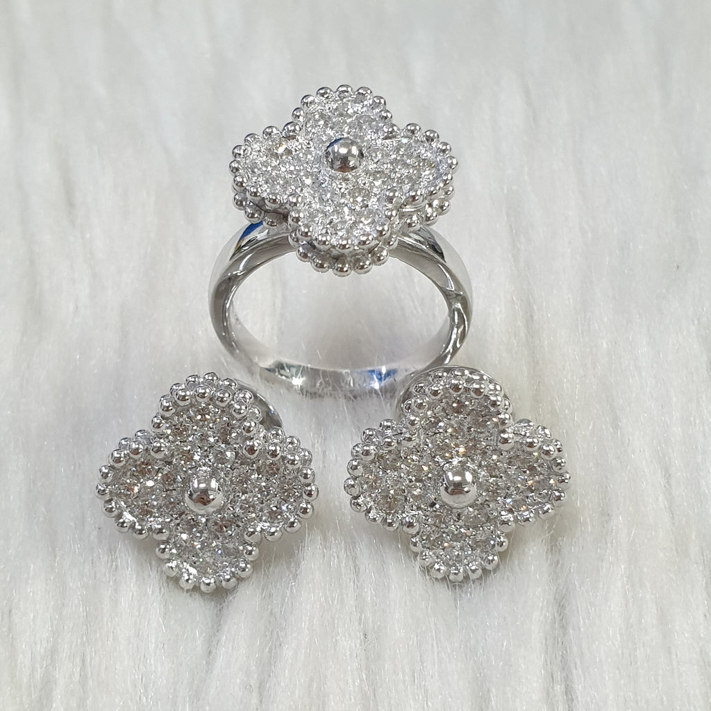 Clover-Shaped Diamond Ring and Earring Set – 18K White Gold
