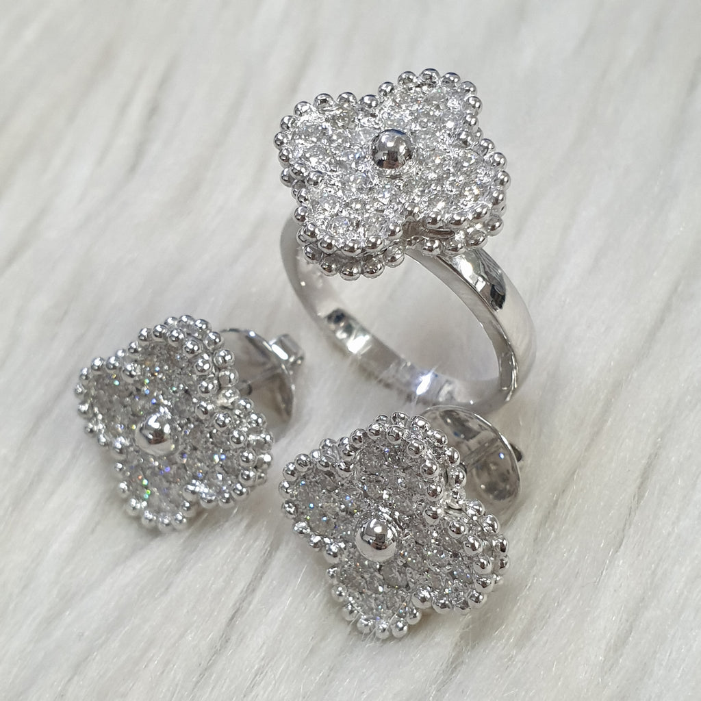 Clover-Shaped Diamond Ring and Earring Set – 18K White Gold