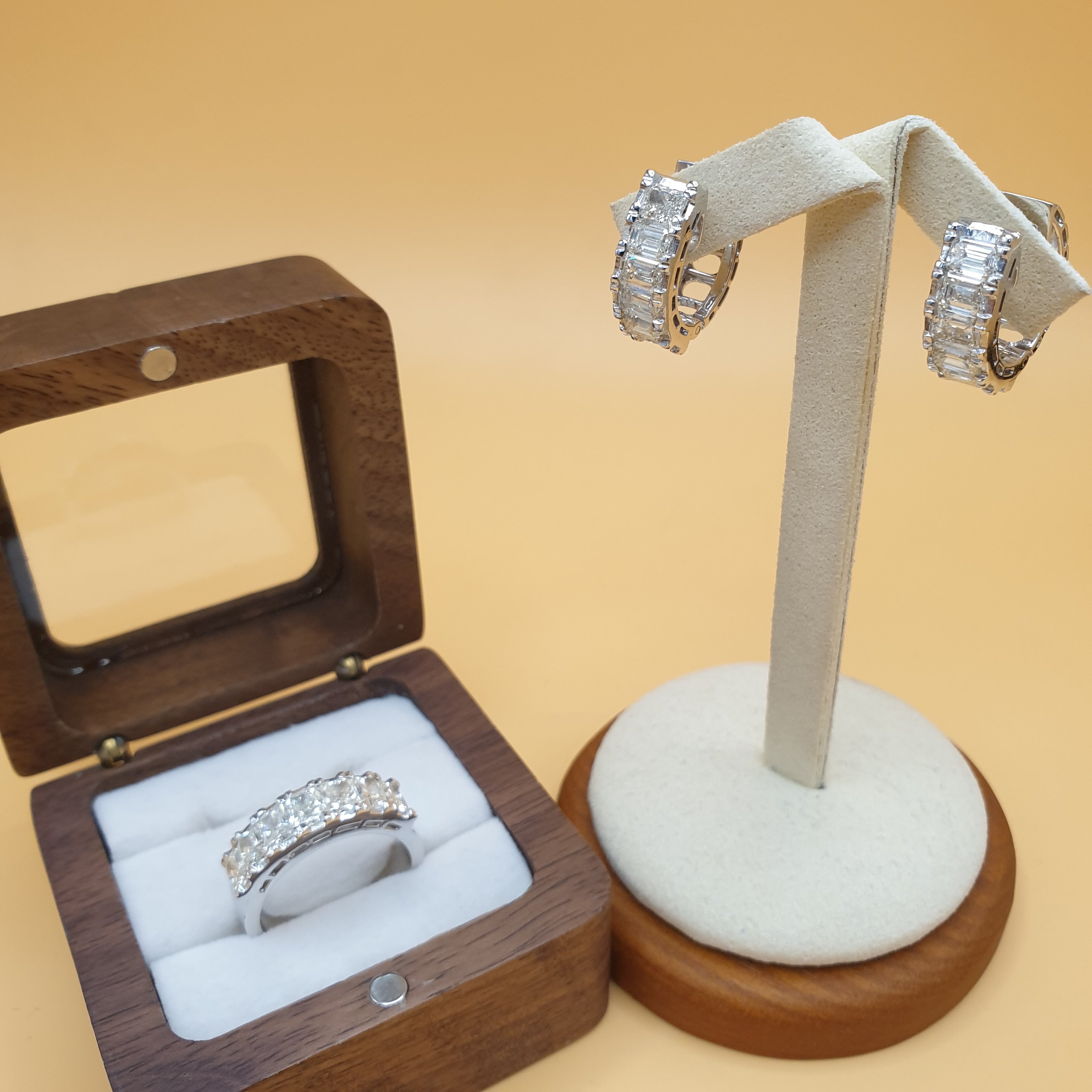 Emerald Creole Ring and Earring Set - 14K White Gold