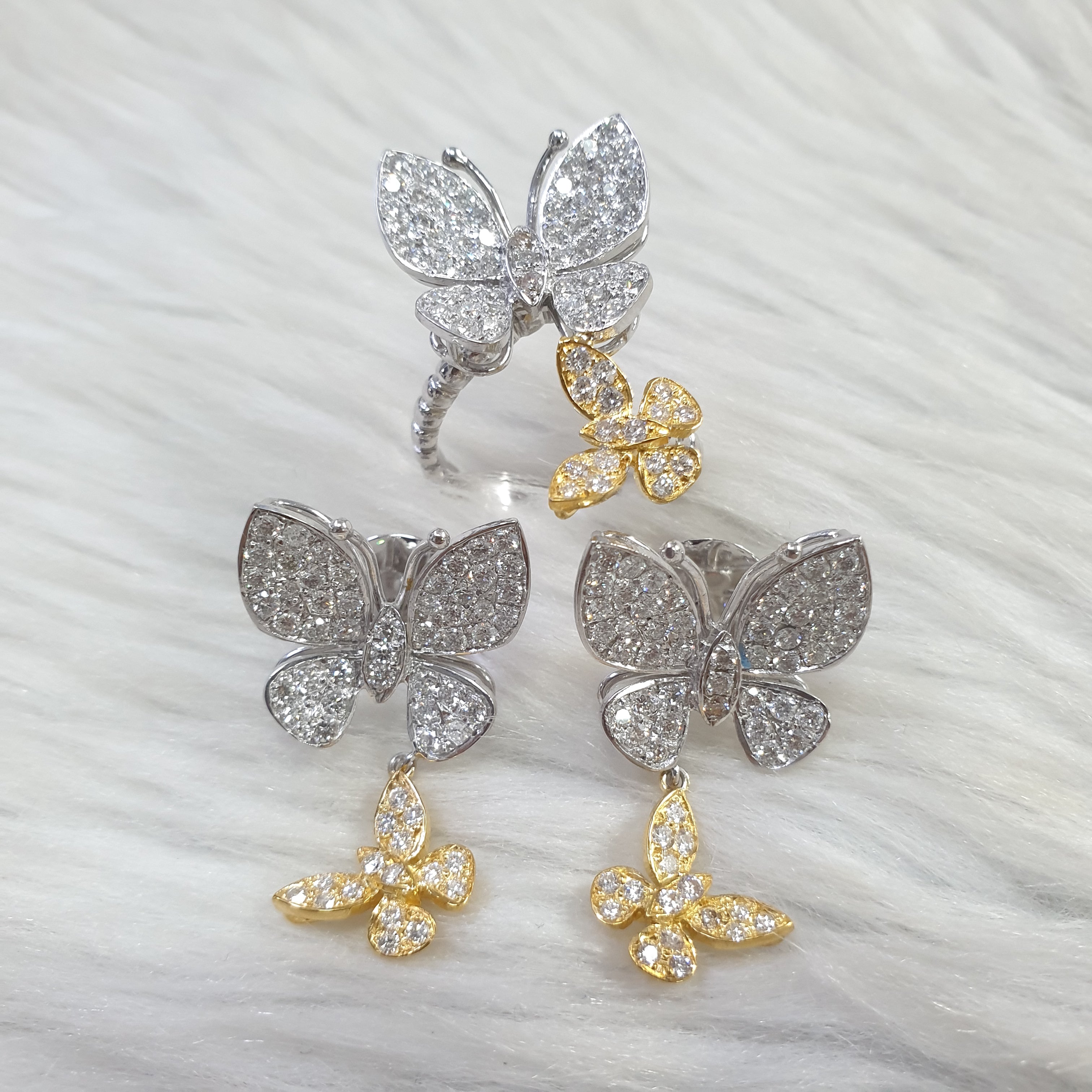 Butterfly Ring and Earring Set – 14K Yellow & White Gold