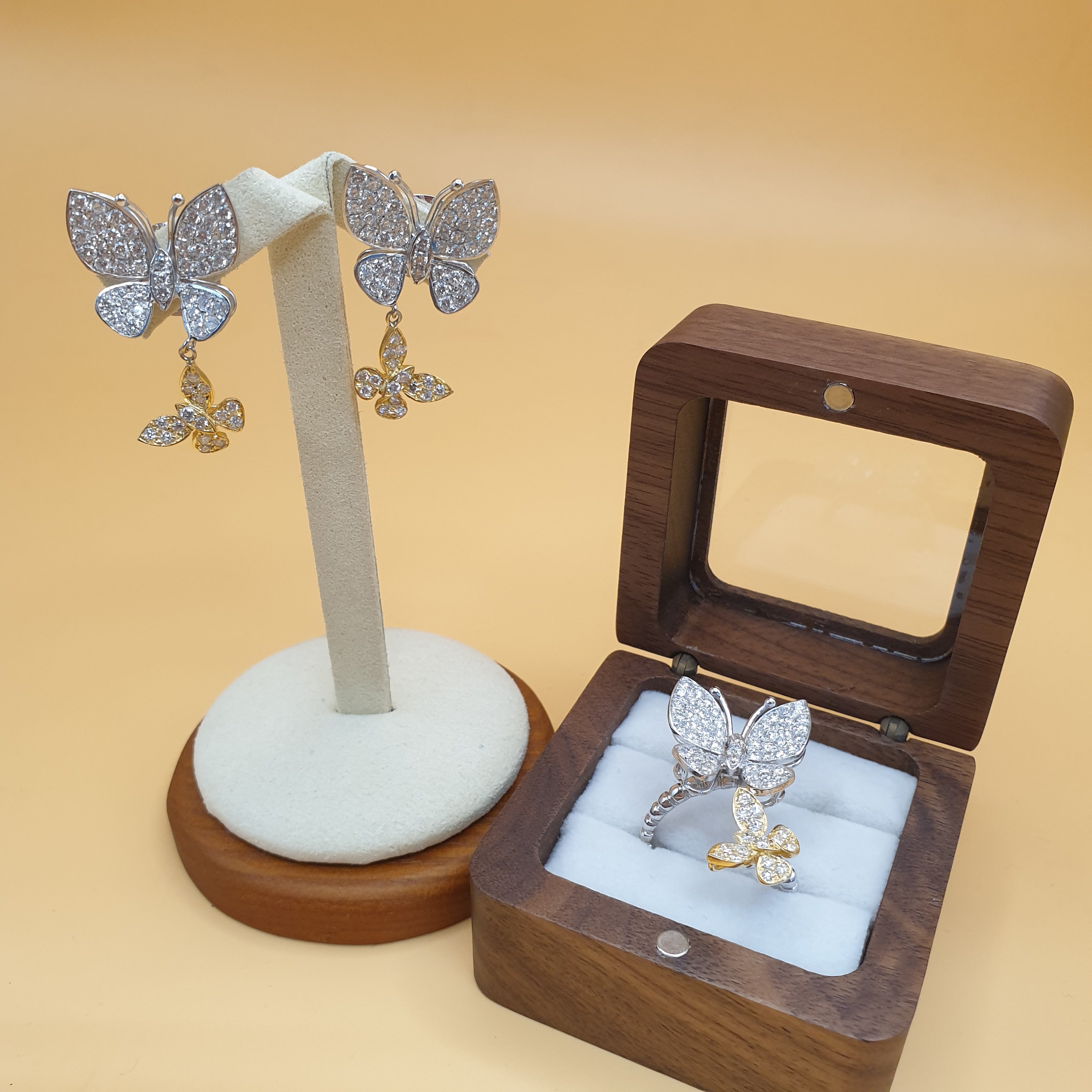Butterfly Ring and Earring Set – 14K Yellow & White Gold