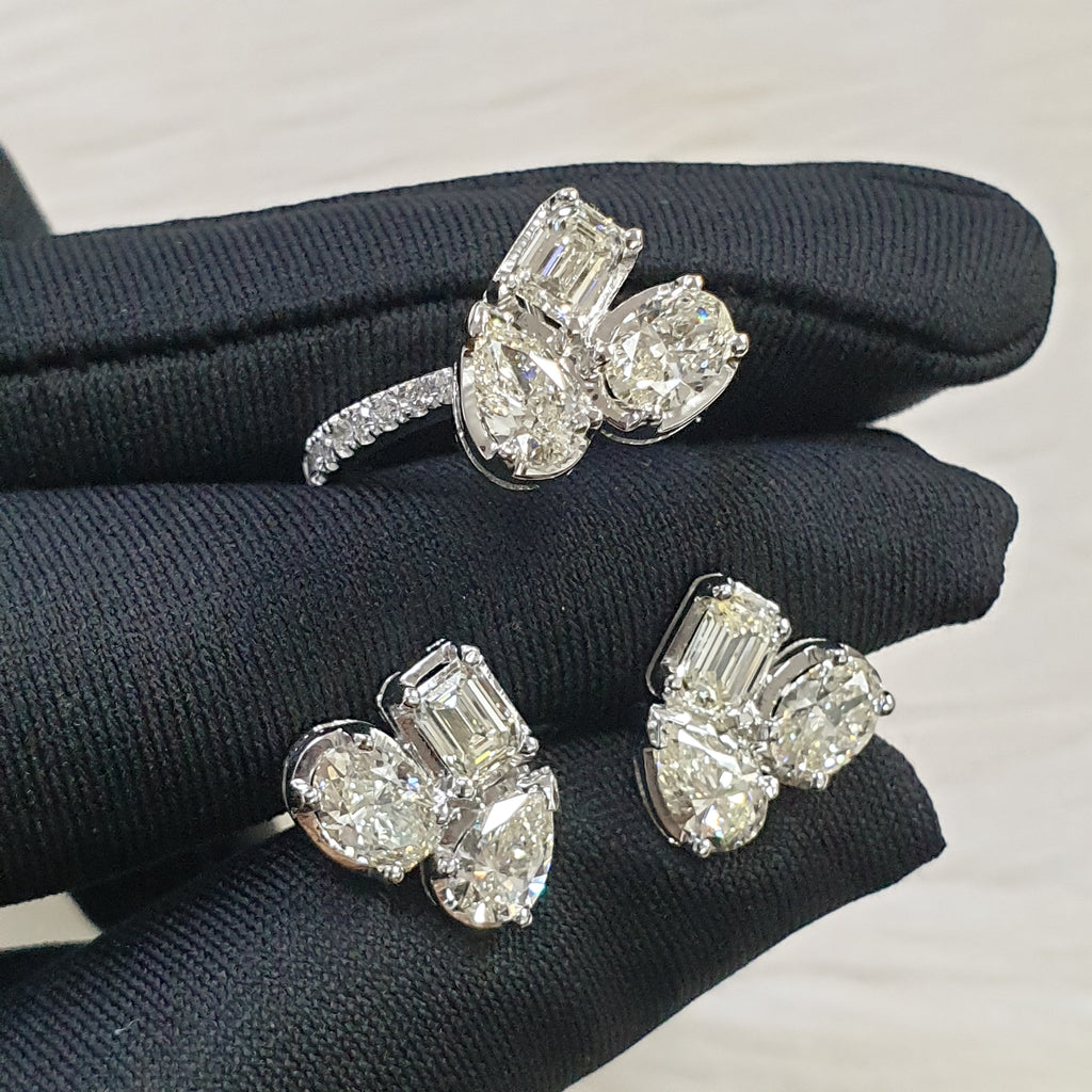 Fancy Cut Diamond Ring and Earring Set – 14K White Gold (SOLD - INQUIRE FOR MADE TO ORDER)