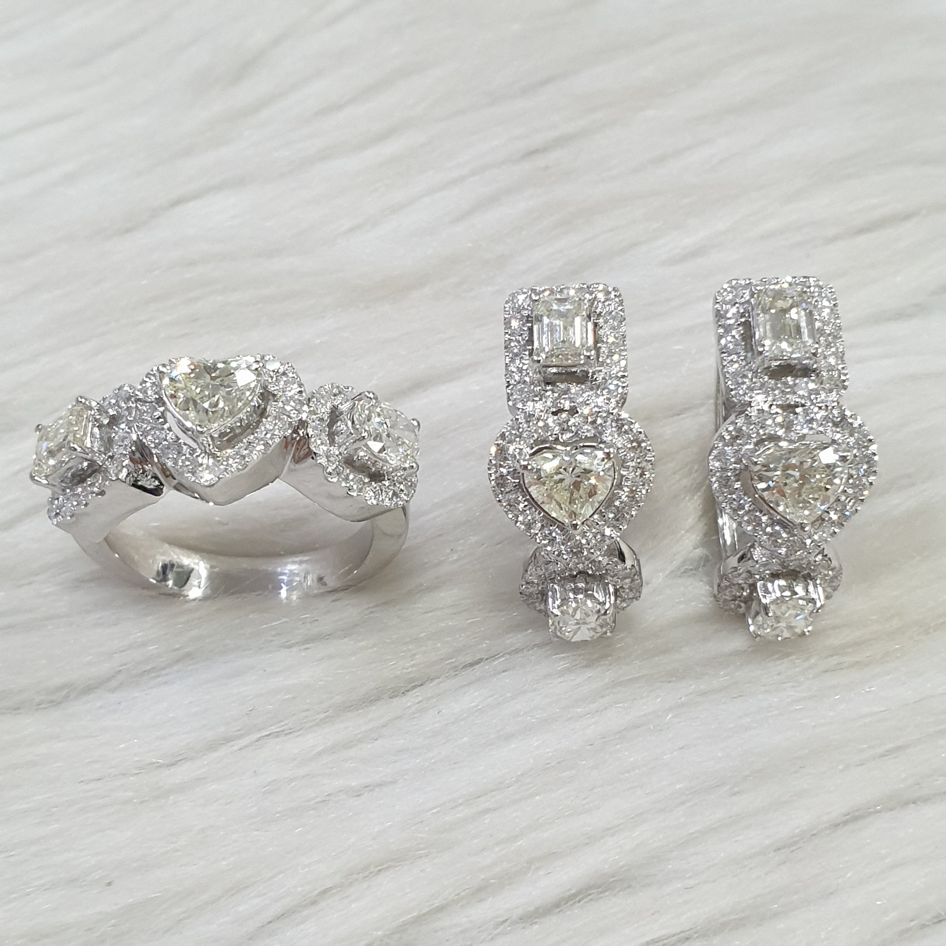Fancy Cut Diamond Ring and Creole Earring Set – 14K White Gold (SOLD - INQUIRE FOR MADE TO ORDER)