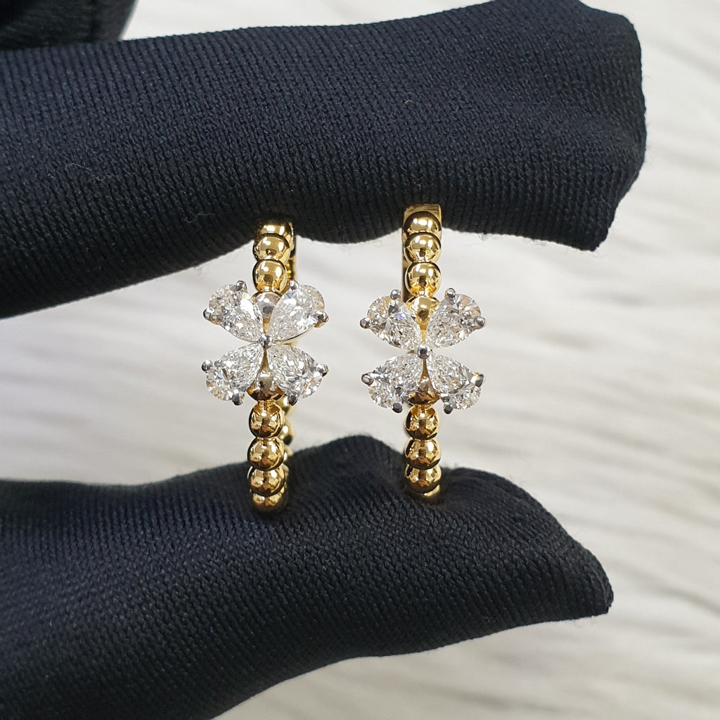 Floral Pear Shape Diamond Earring - 18K Yellow Gold