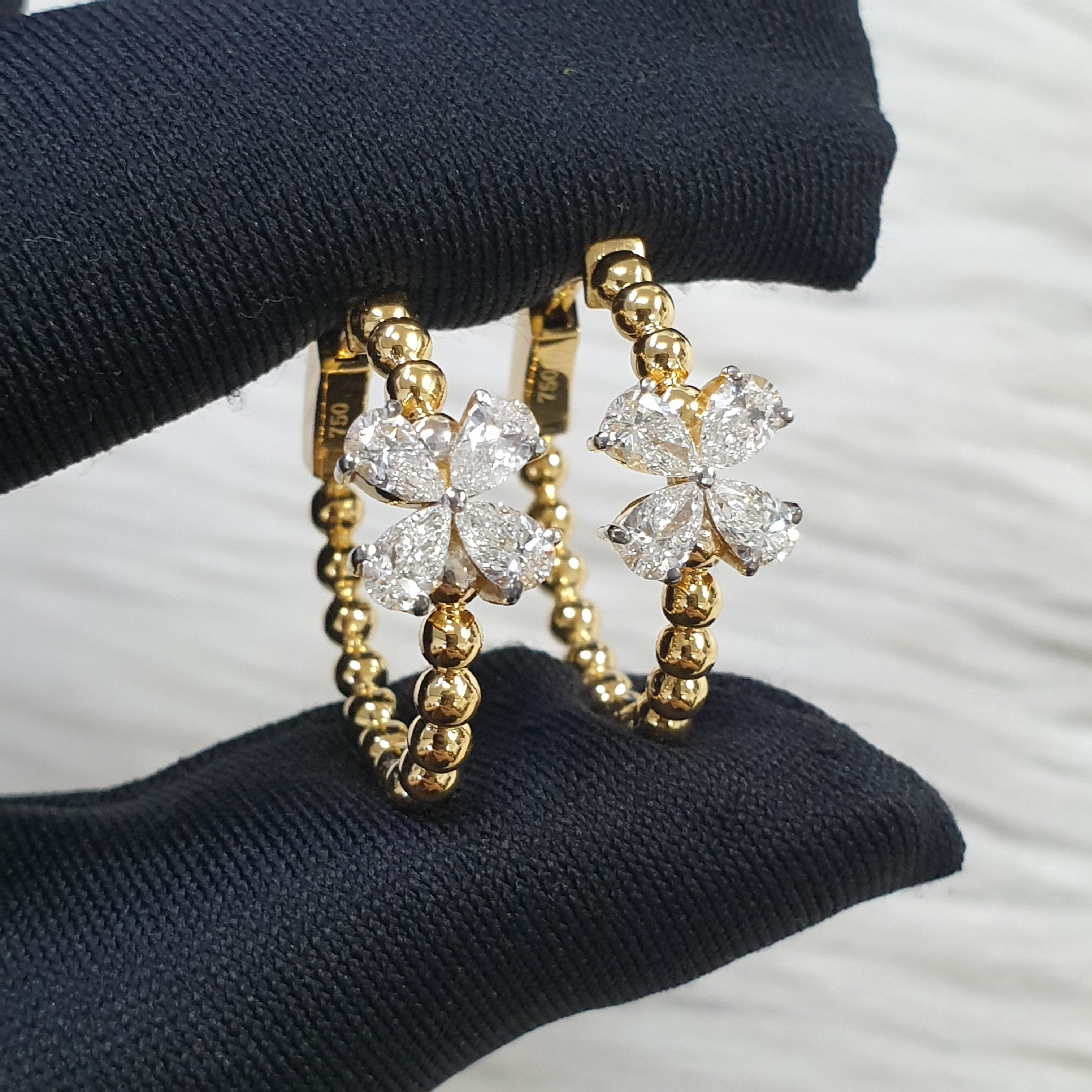 Floral Pear Shape Diamond Earring - 18K Yellow Gold