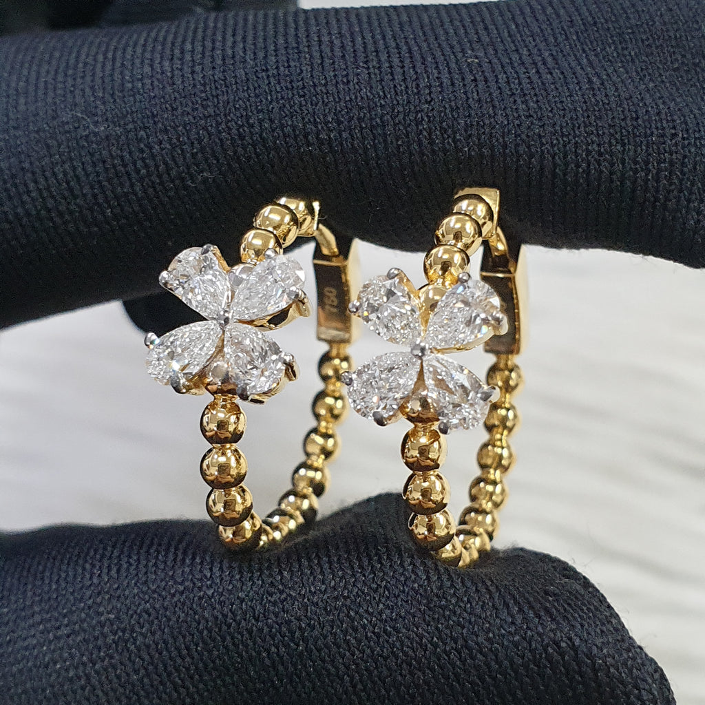 Floral Pear Shape Diamond Earring - 18K Yellow Gold