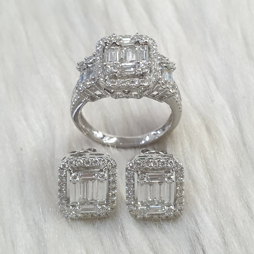 Illusion Baguette Diamond Ring & Earring Set – 14K White Gold