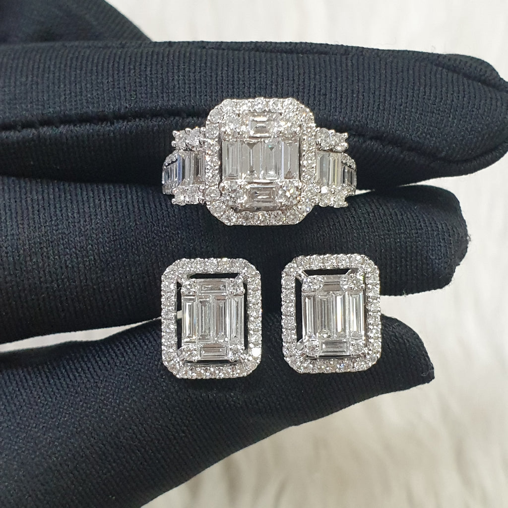 Illusion Baguette Diamond Ring & Earring Set – 14K White Gold