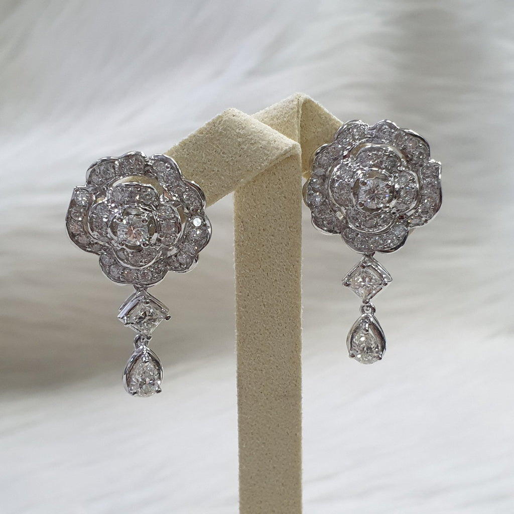 Diamond Flower Drop Earring - 14K White Gold