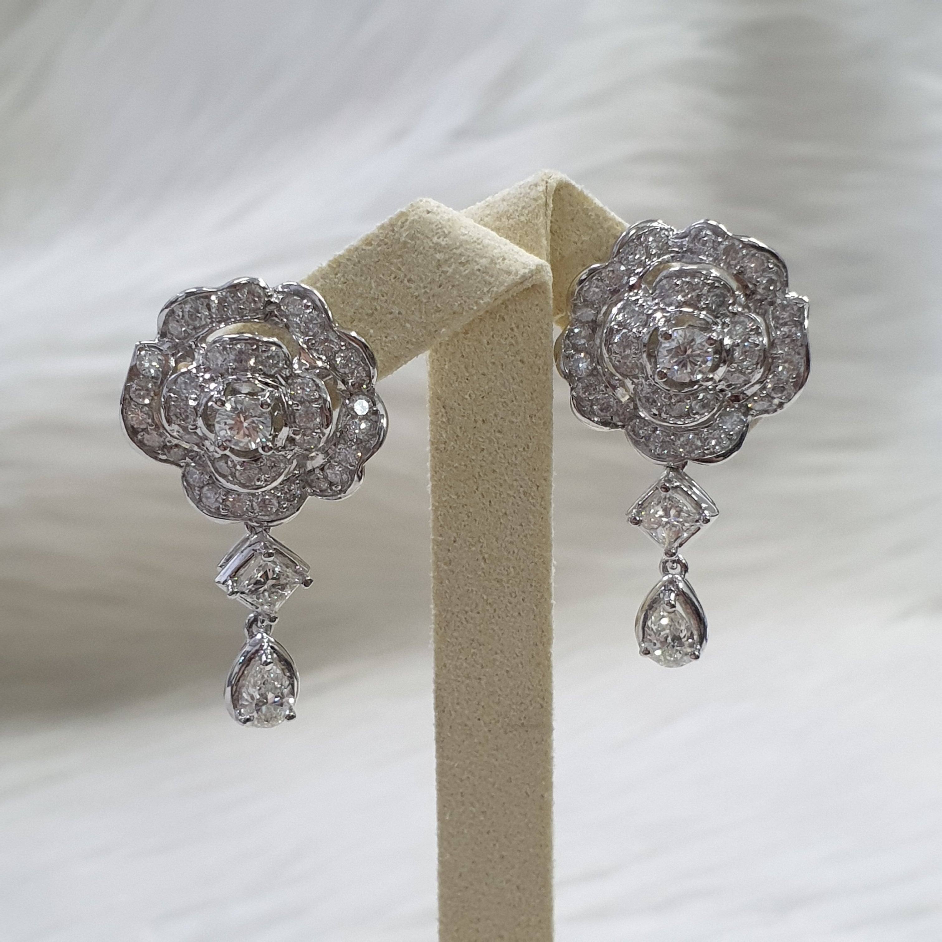 Diamond Flower Drop Earring - 14K White Gold