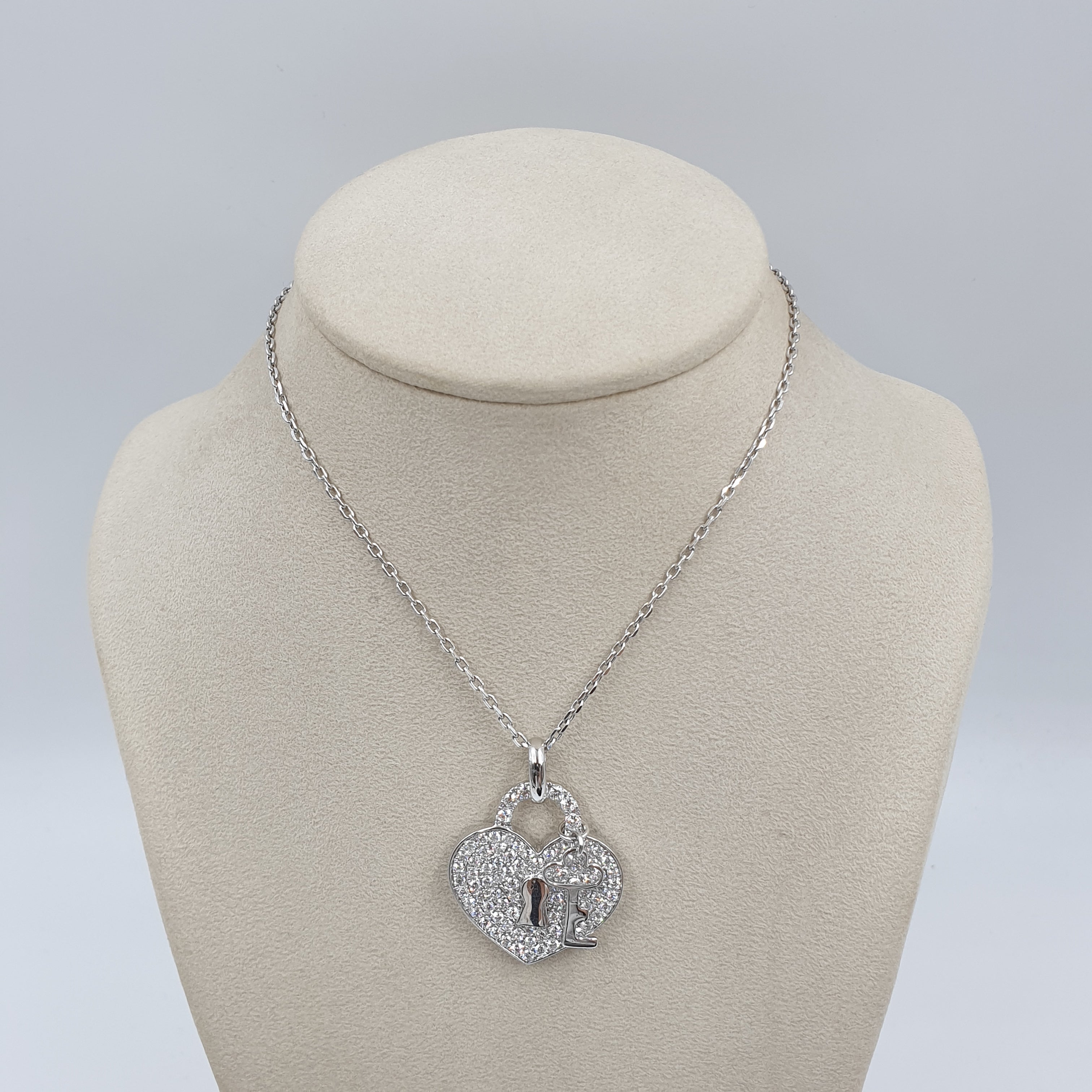 Heart & Key Pendant - 14K White Gold