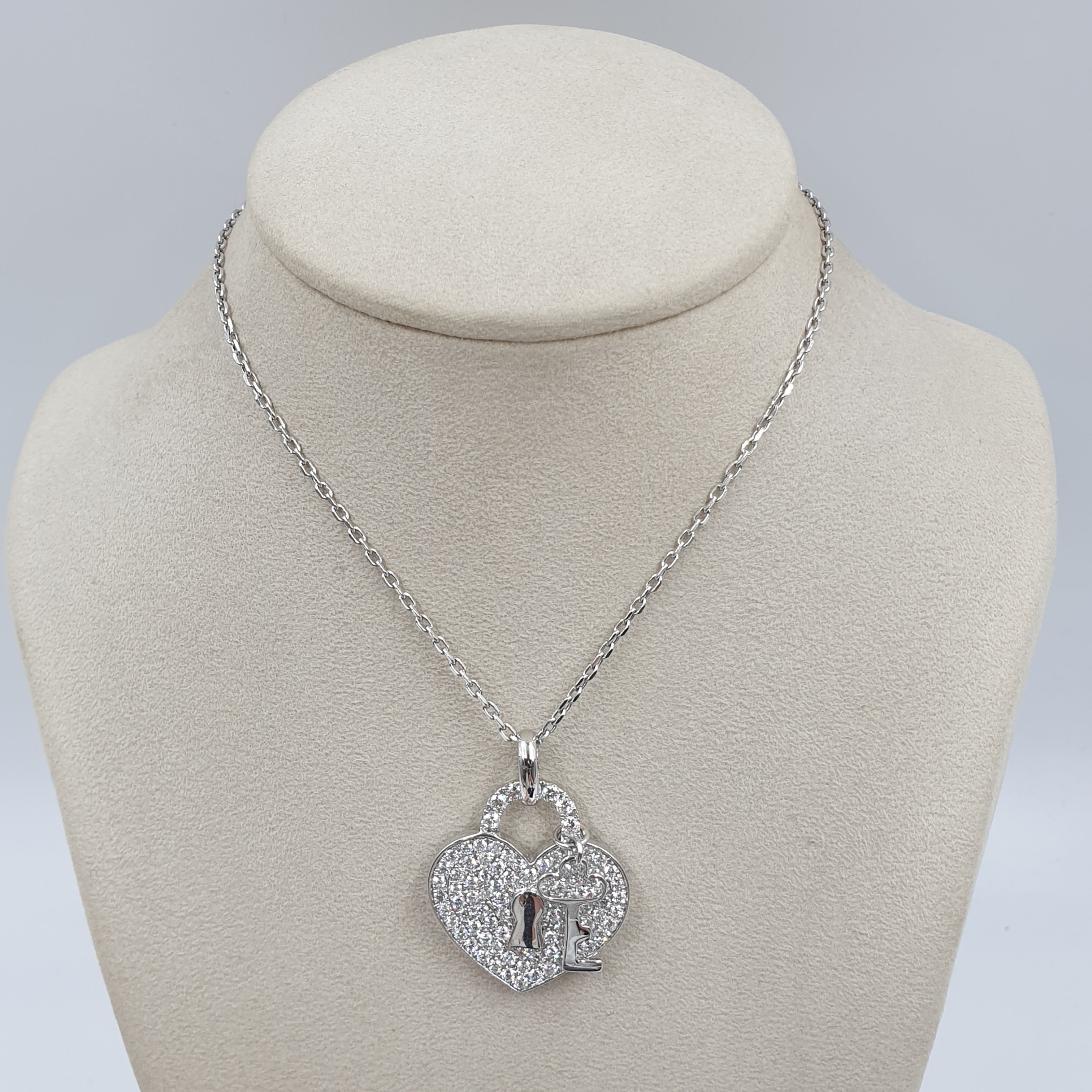 Heart & Key Pendant - 14K White Gold