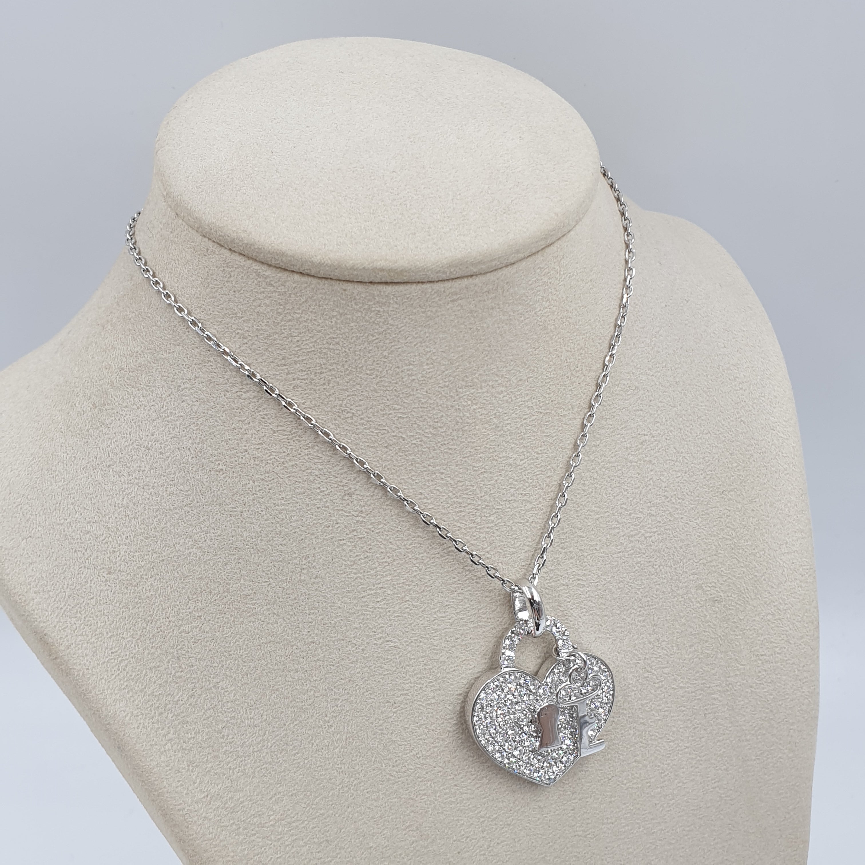 Heart & Key Pendant - 14K White Gold