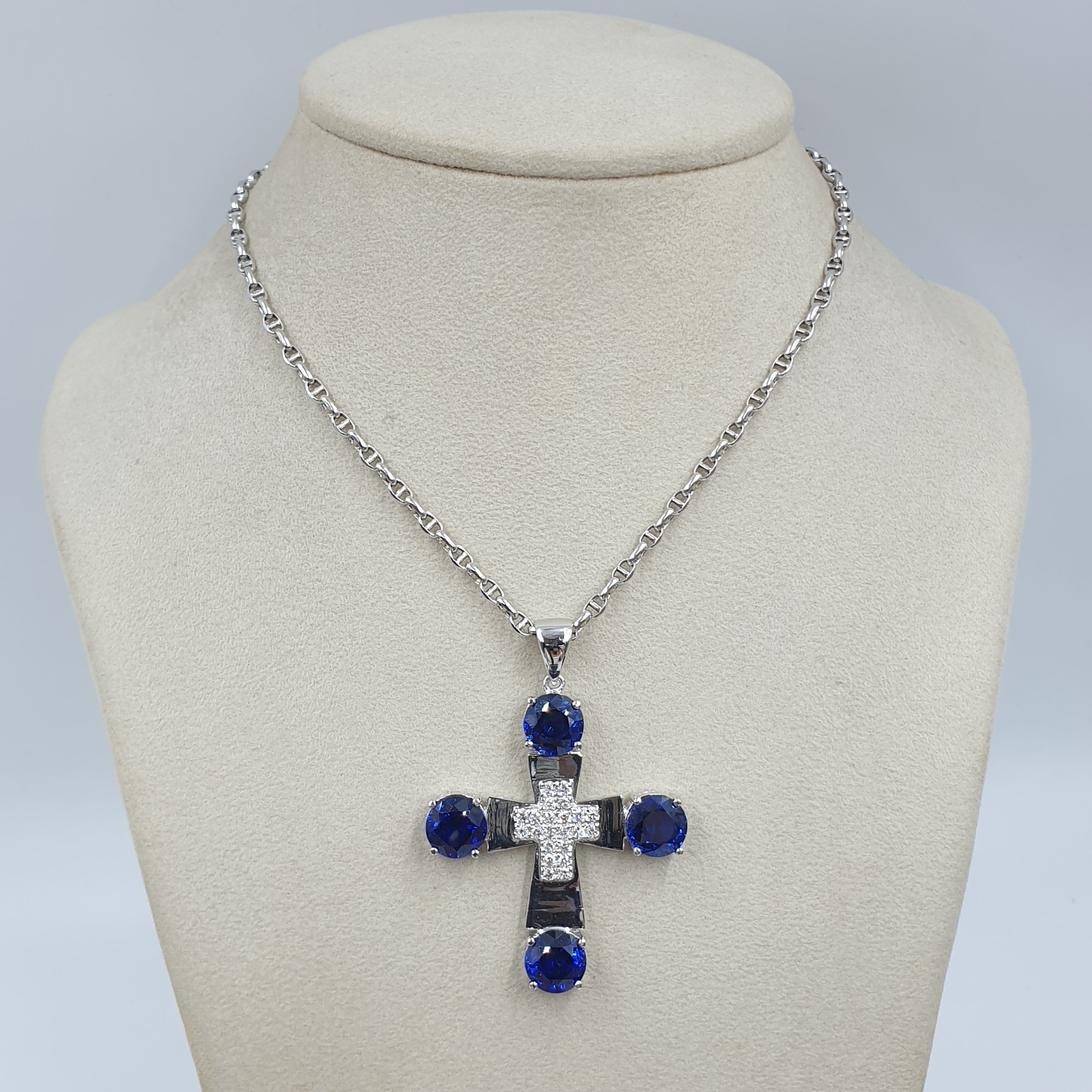 Cross Pendant & Blue Sapphires – 14K White Gold with Diamonds