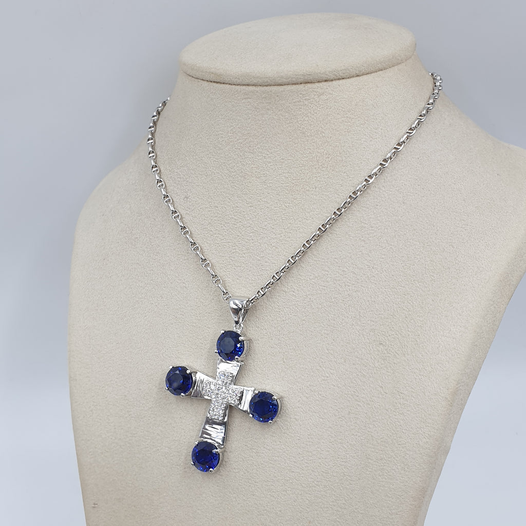 Cross Pendant & Blue Sapphires – 14K White Gold with Diamonds