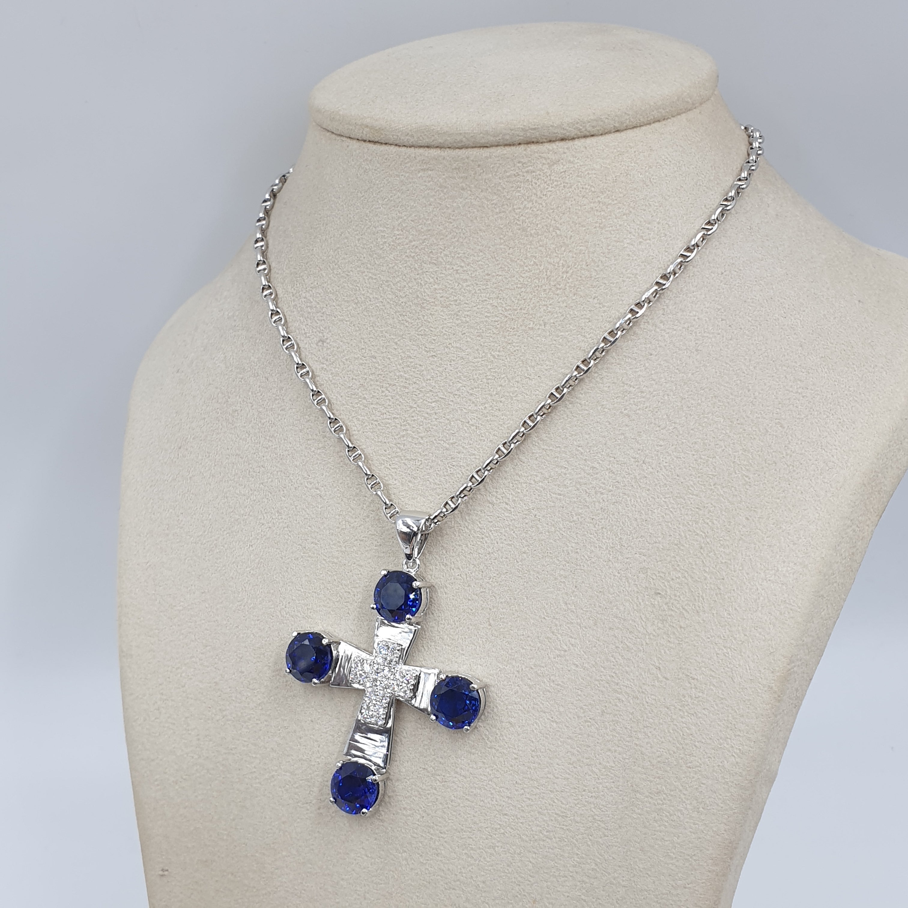 Cross Pendant & Blue Sapphires – 14K White Gold with Diamonds