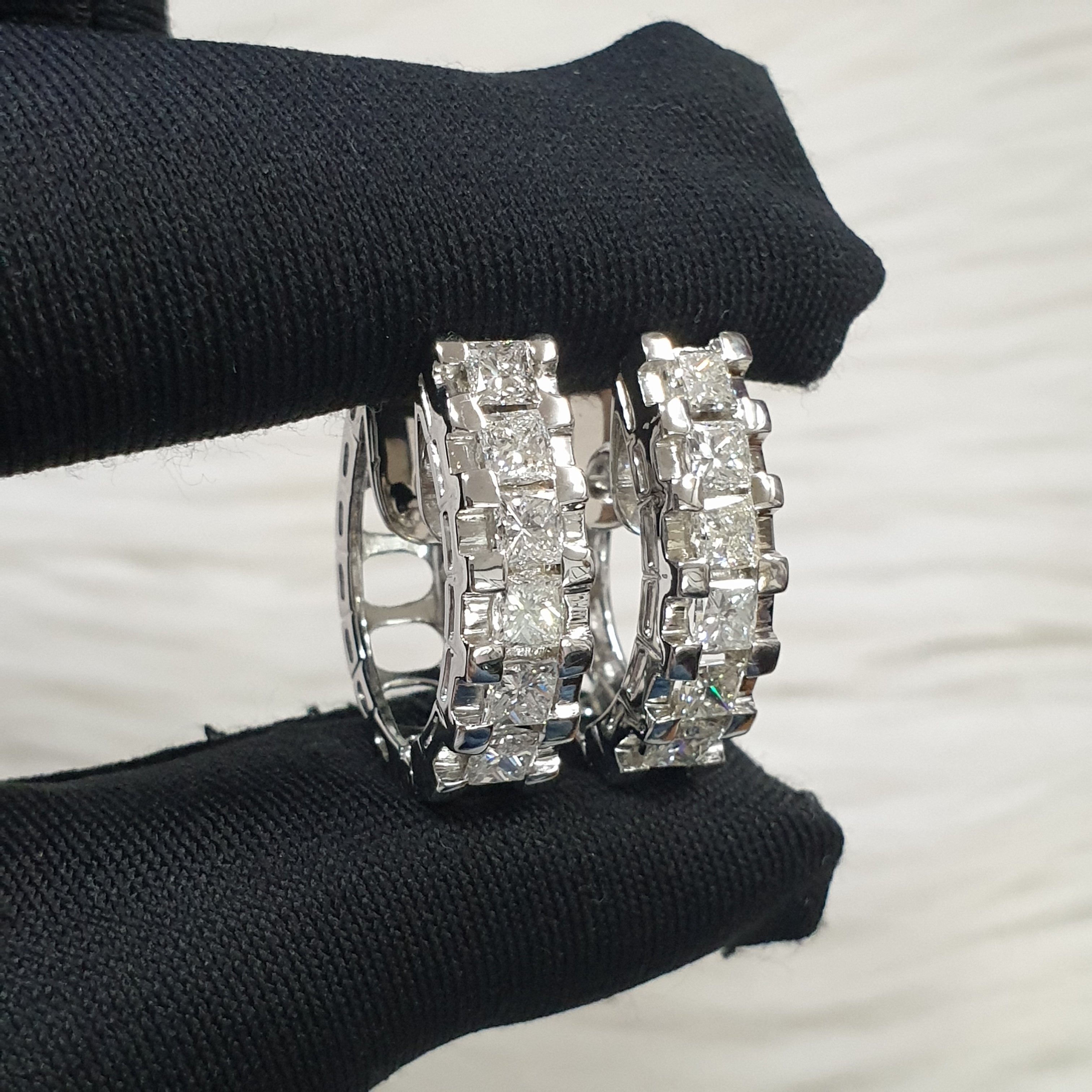 Princess Cut Creole Pair Earring - 14K White Gold