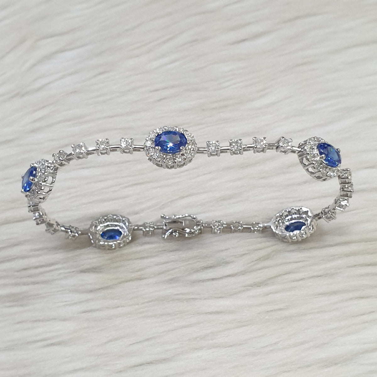 Oval Blue Sapphire Tennis Bracelet - 18K White Gold