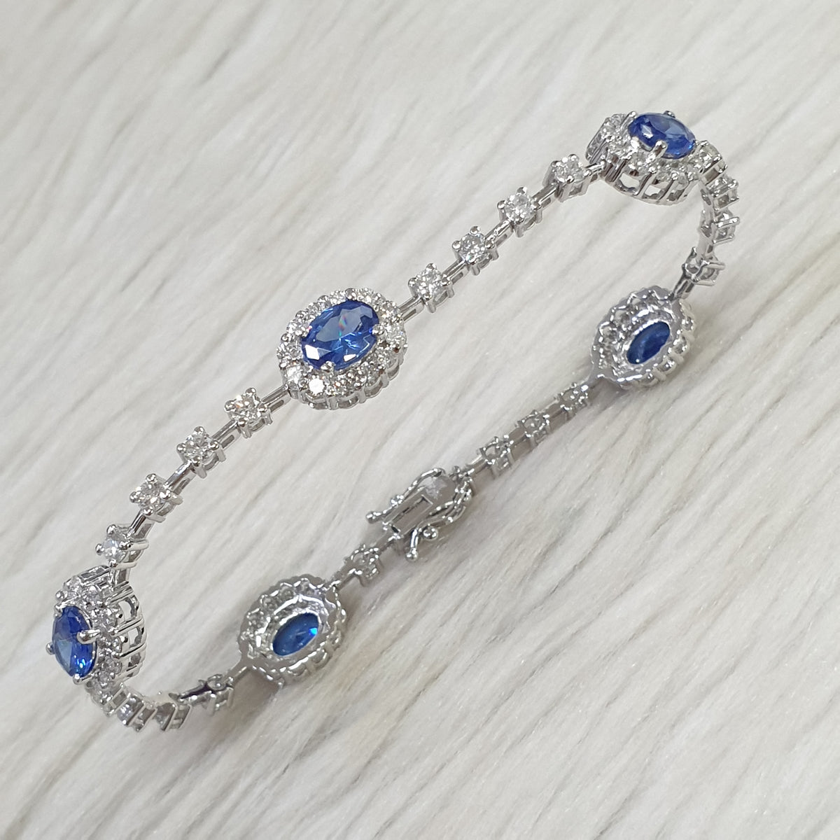 Oval Blue Sapphire Tennis Bracelet - 18K White Gold