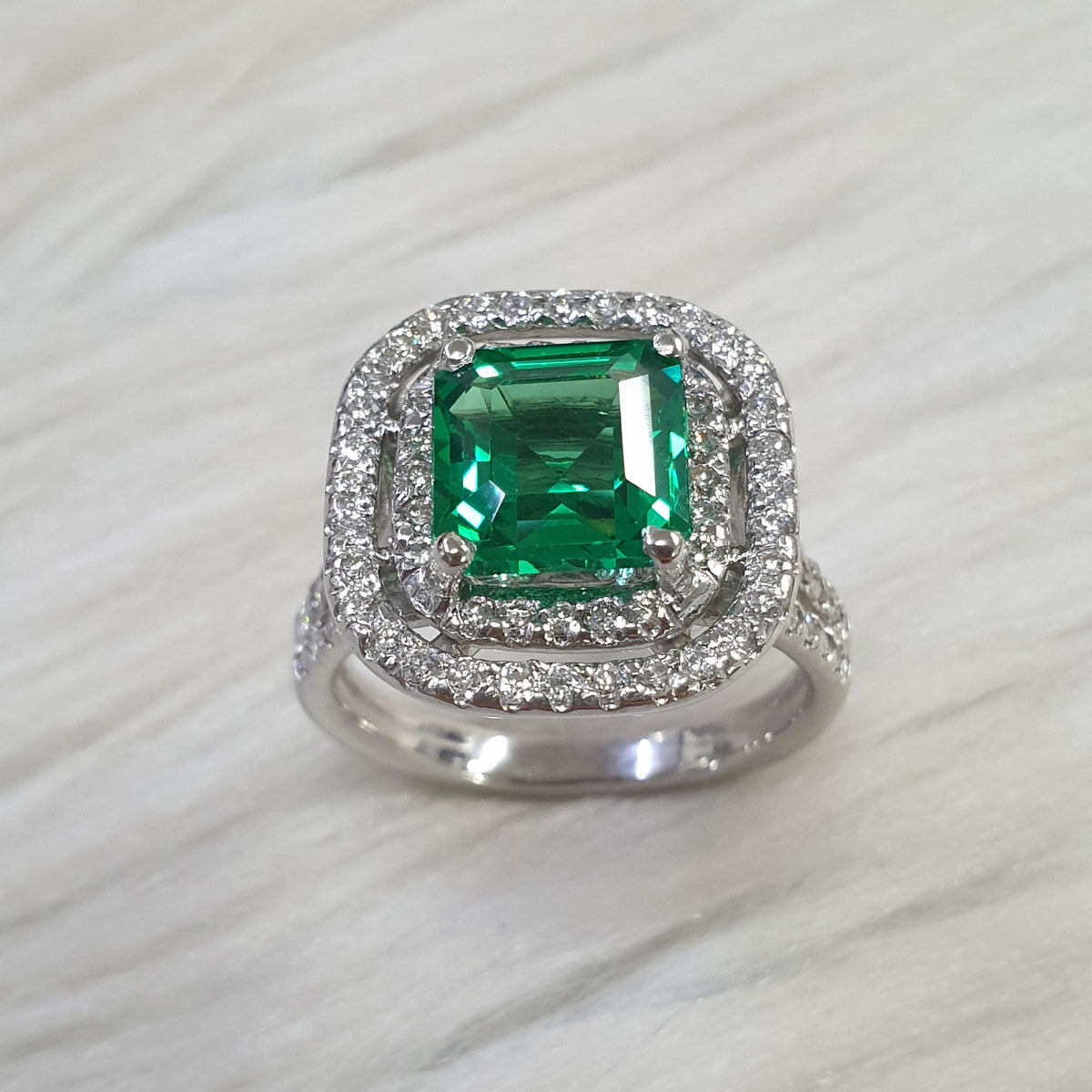 Green Princess Cut Ring - 14K White Gold