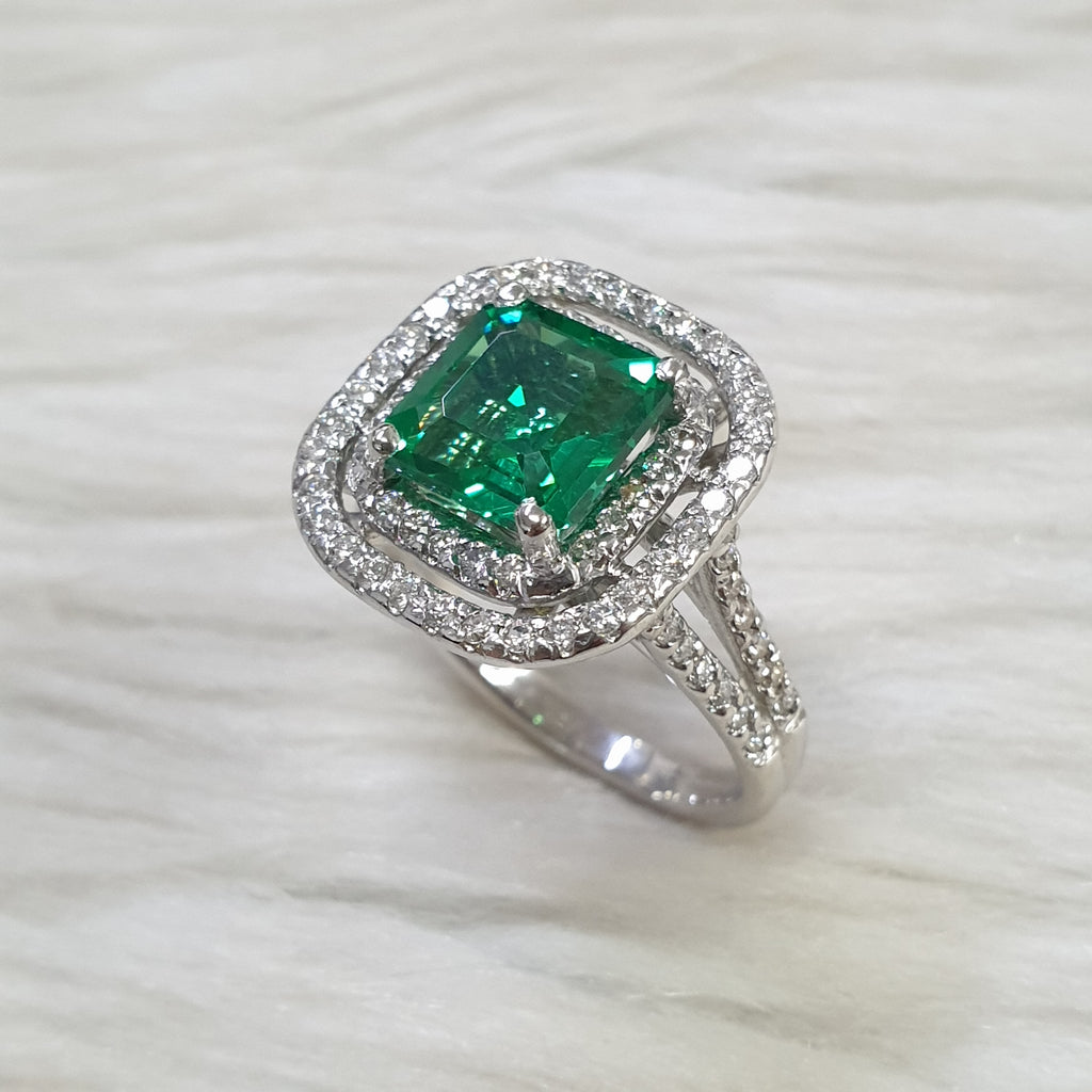 Green Princess Cut Ring - 14K White Gold
