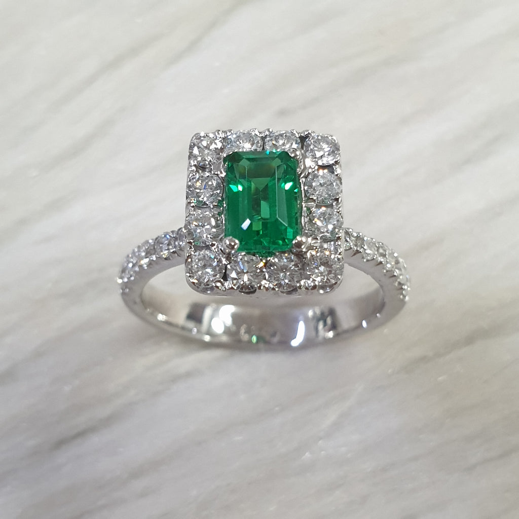 Green Emerald Ring - 14K White Gold