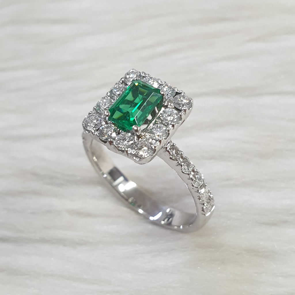 Green Emerald Ring - 14K White Gold