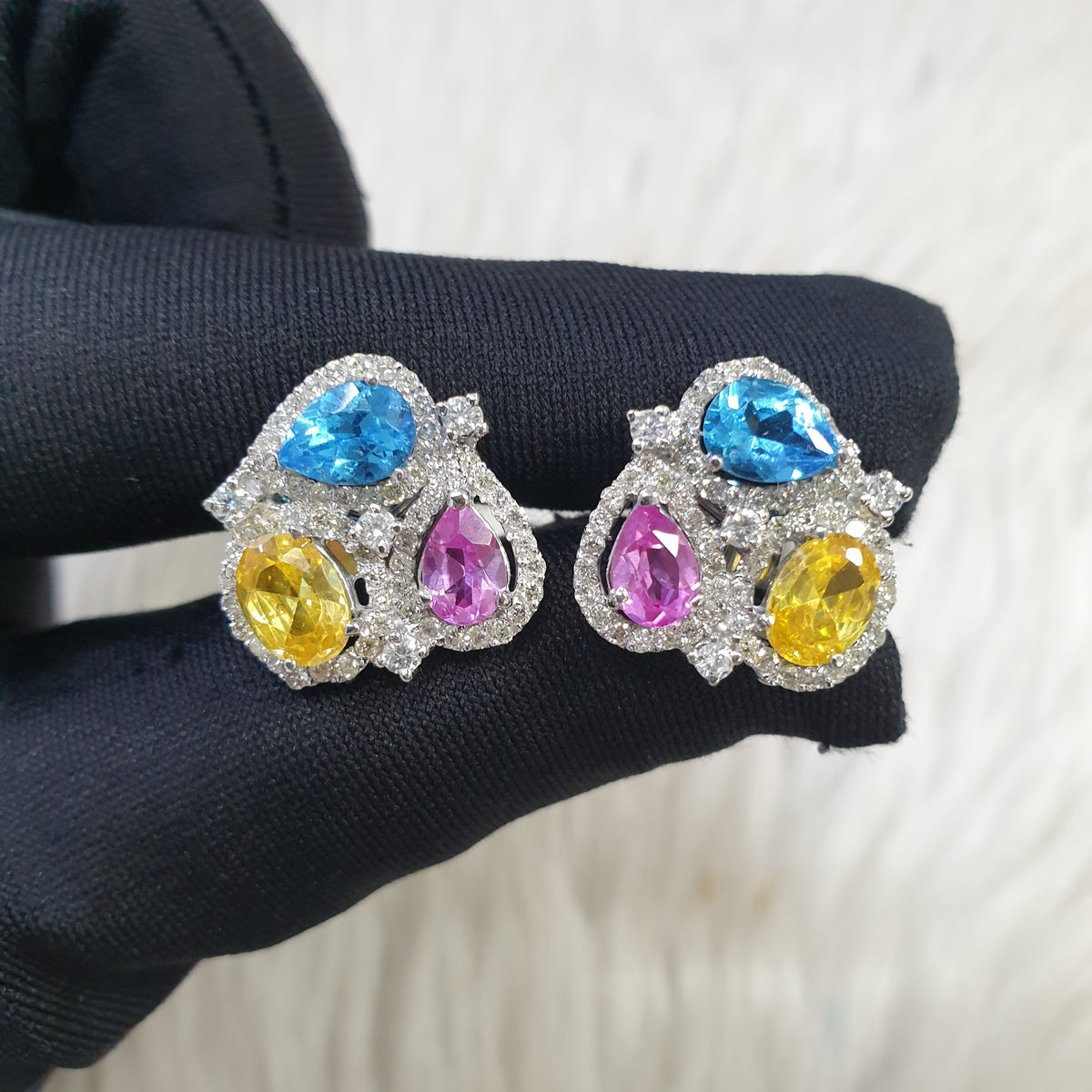 Colored Stone Cluster Pair Earrings - 14K White Gold