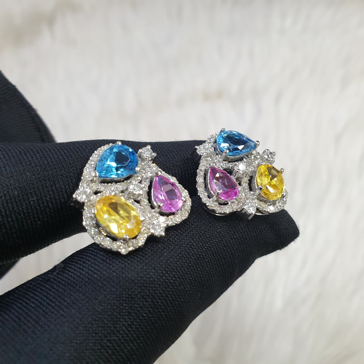 Colored Stone Cluster Pair Earrings - 14K White Gold