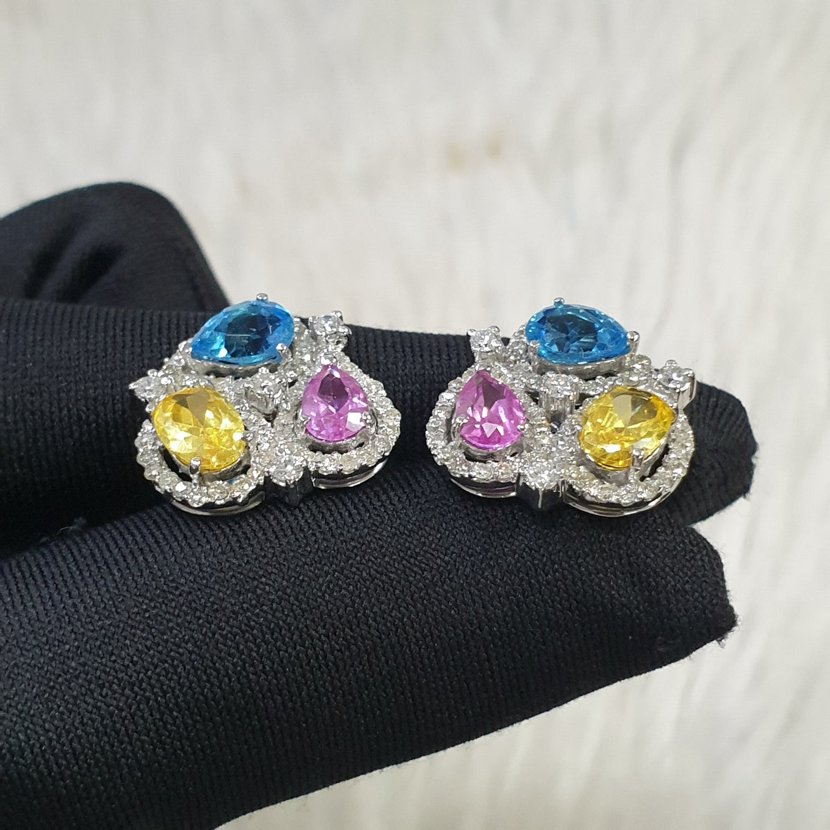Colored Stone Cluster Pair Earrings - 14K White Gold