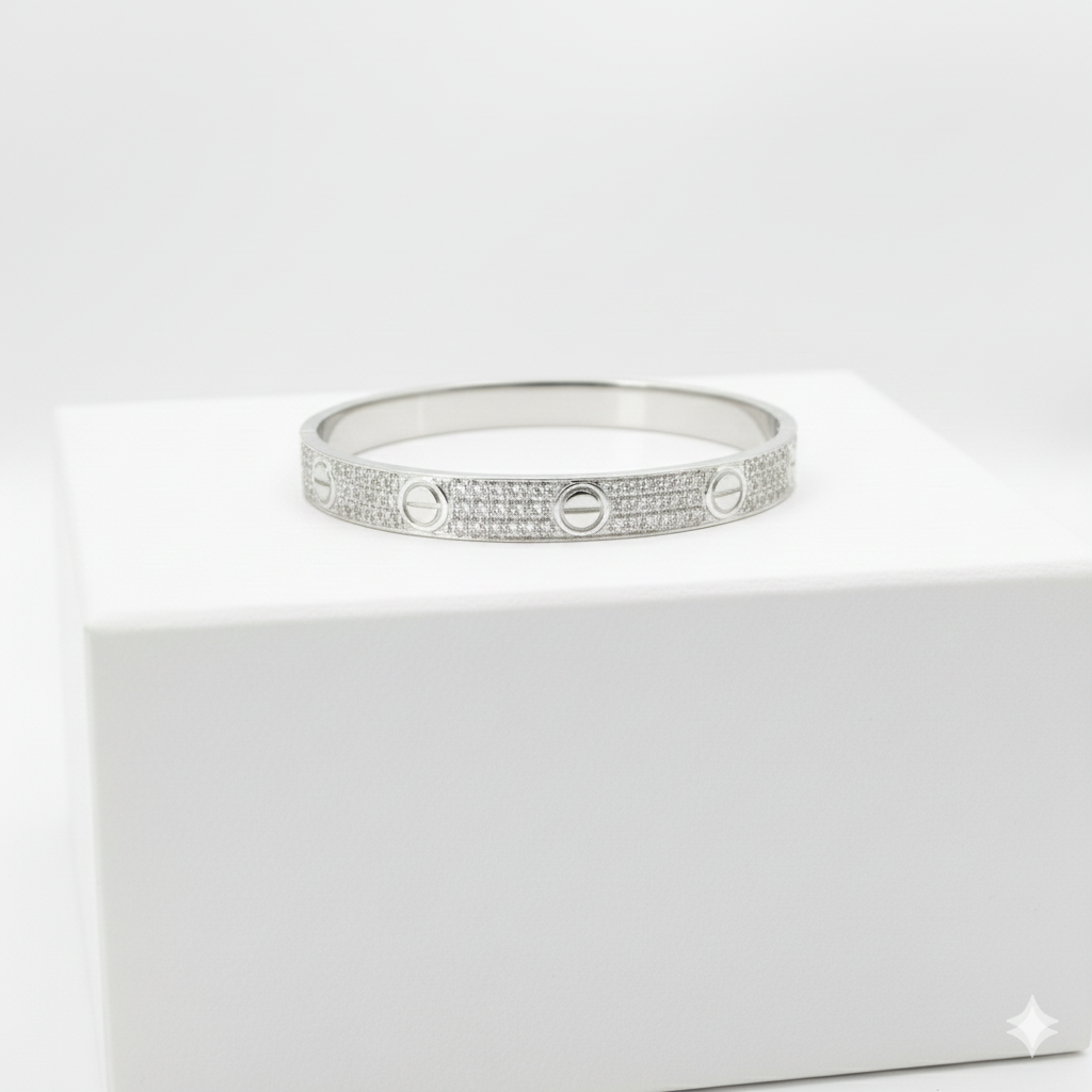 Pavé Diamond Love Bangle – 18K White Gold