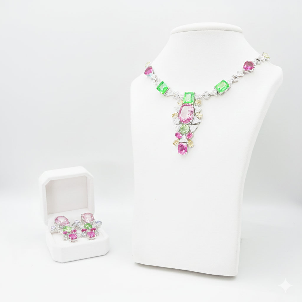 High Jewelry Set – 14K White Gold with Diamonds, Pink Tourmaline & Columbian Emeralds
