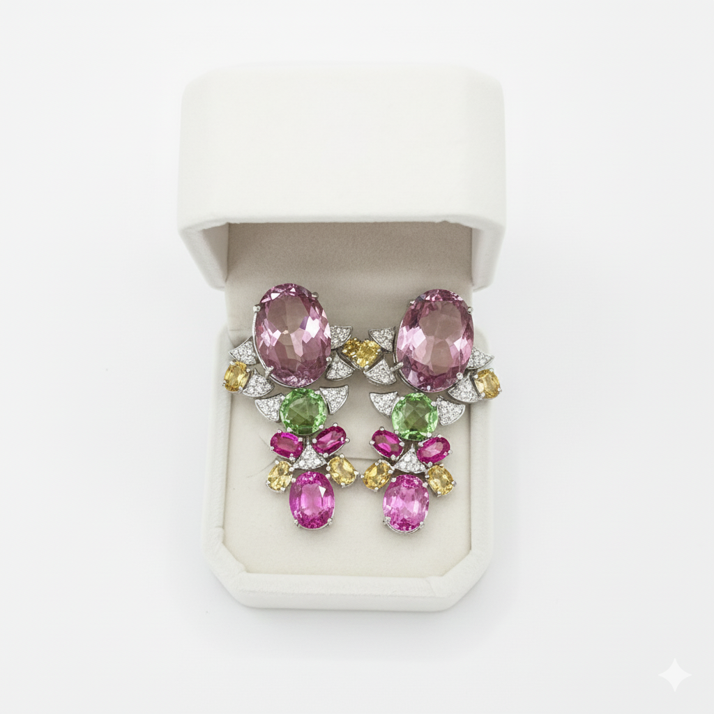 High Jewelry Set – 14K White Gold with Diamonds, Pink Tourmaline & Columbian Emeralds