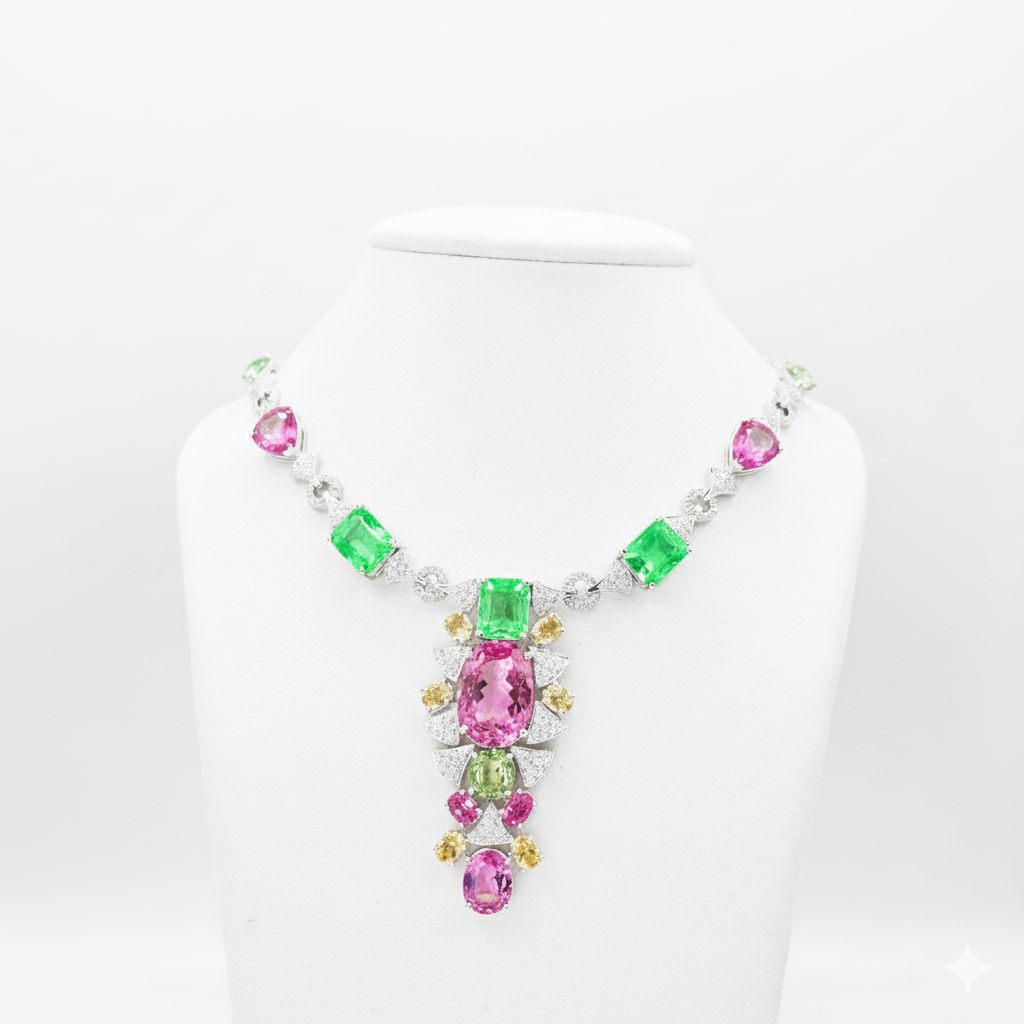 High Jewelry Set – 14K White Gold with Diamonds, Pink Tourmaline & Columbian Emeralds