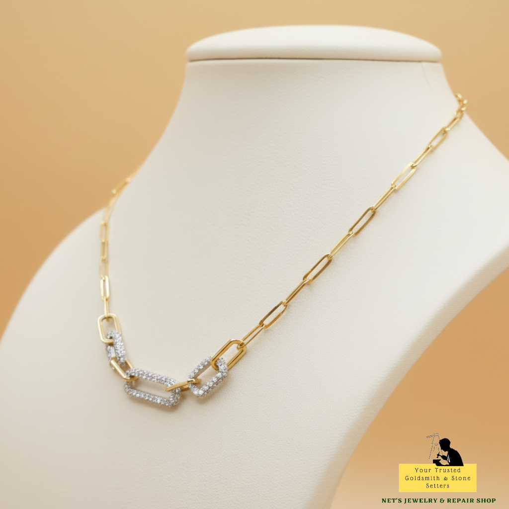 Paperclip Necklace – 18K Yellow/White Gold with Diamonds