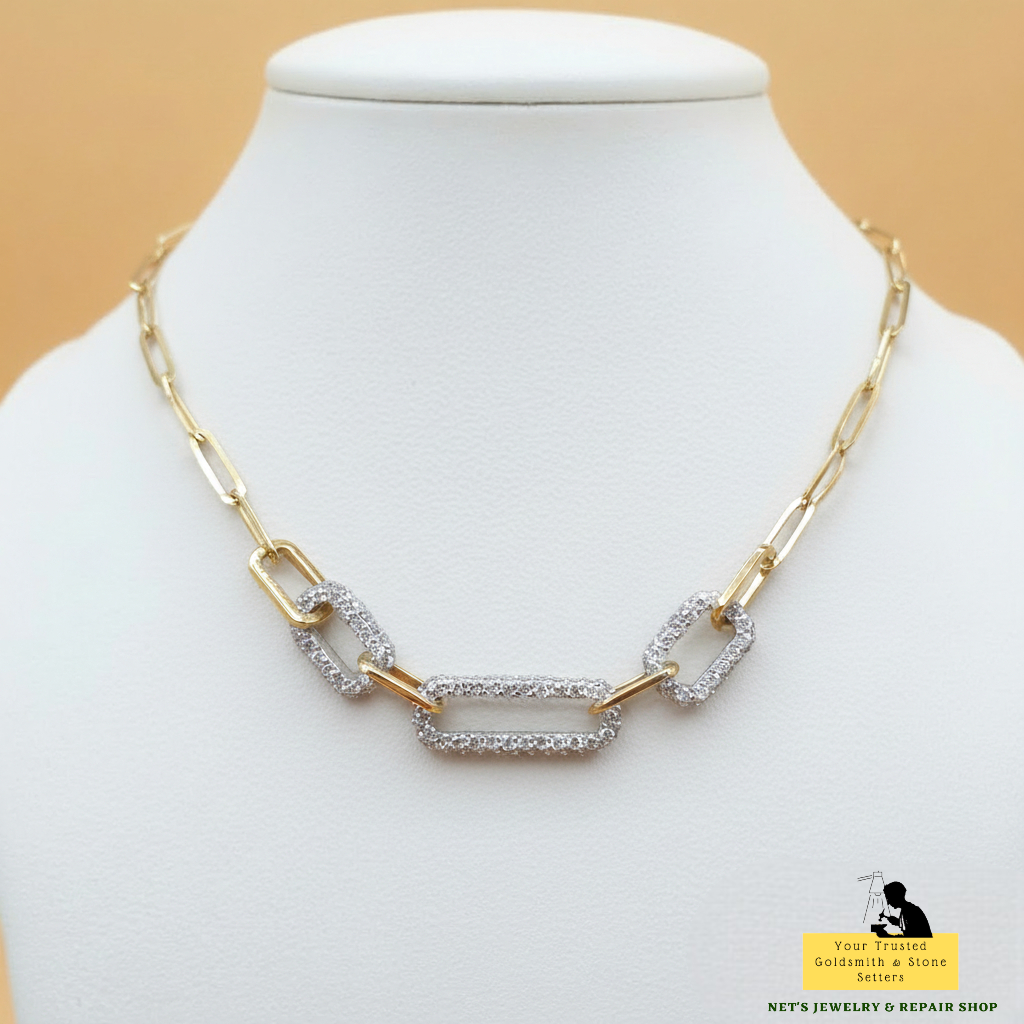 Paperclip Necklace – 18K Yellow/White Gold with Diamonds