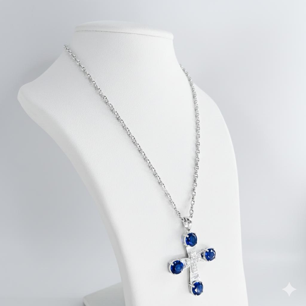 Cross Pendant & Blue Sapphires – 14K White Gold with Diamonds