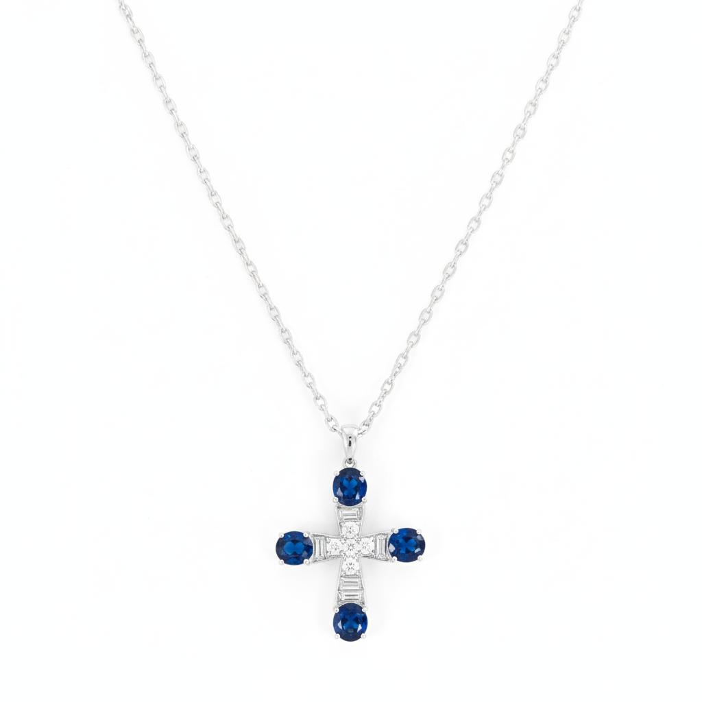 Cross Pendant & Blue Sapphires – 14K White Gold with Diamonds