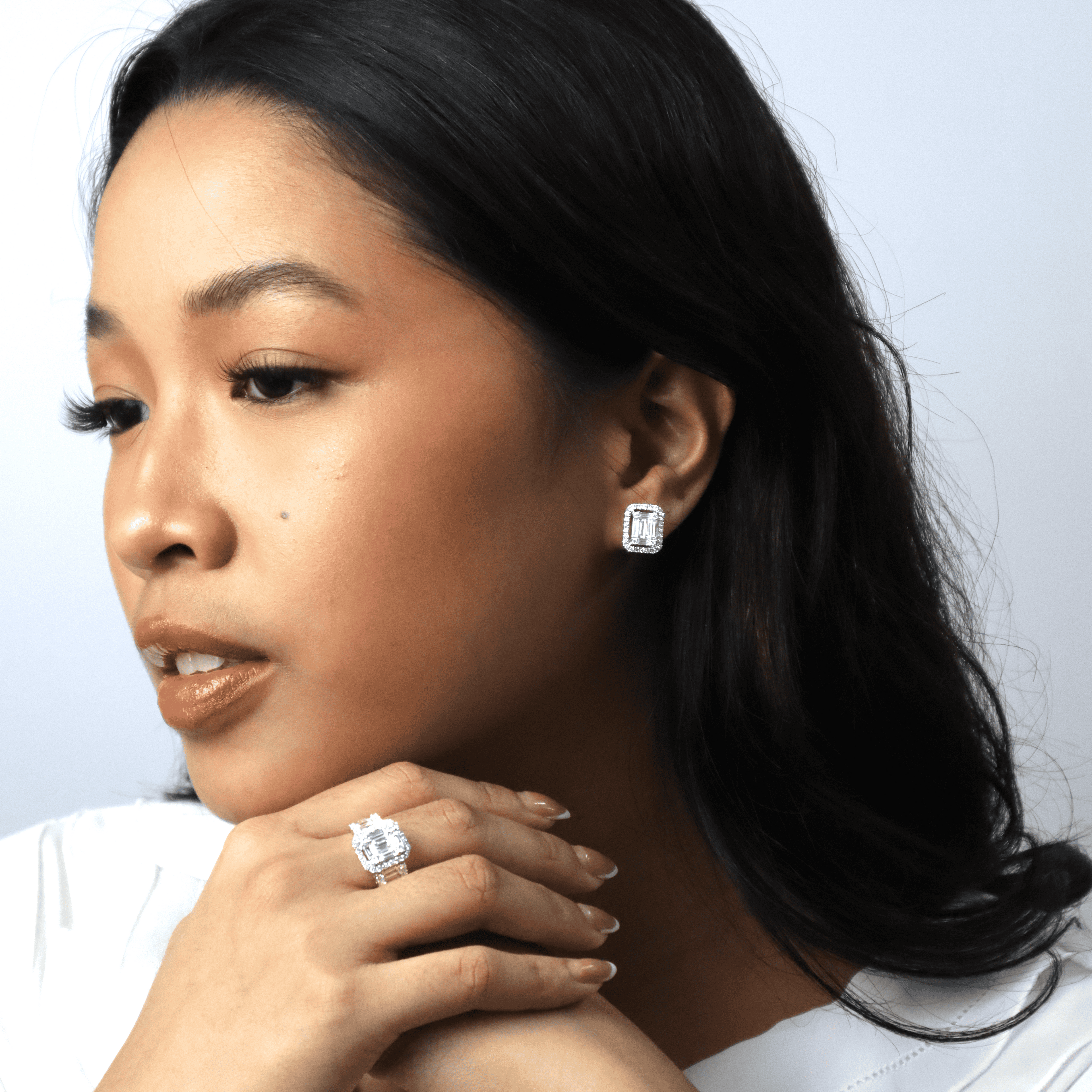 Illusion Baguette Diamond Ring & Earring Set – 14K White Gold