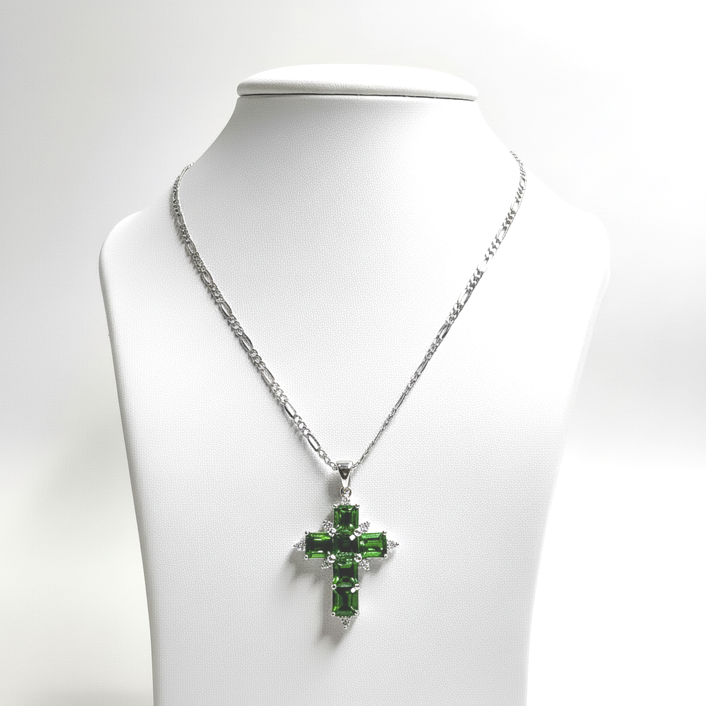 Emerald Cross Pendant – 14K Gold with Diamonds