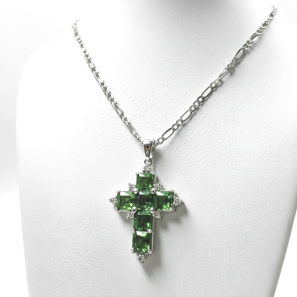 Emerald Cross Pendant – 14K Gold with Diamonds